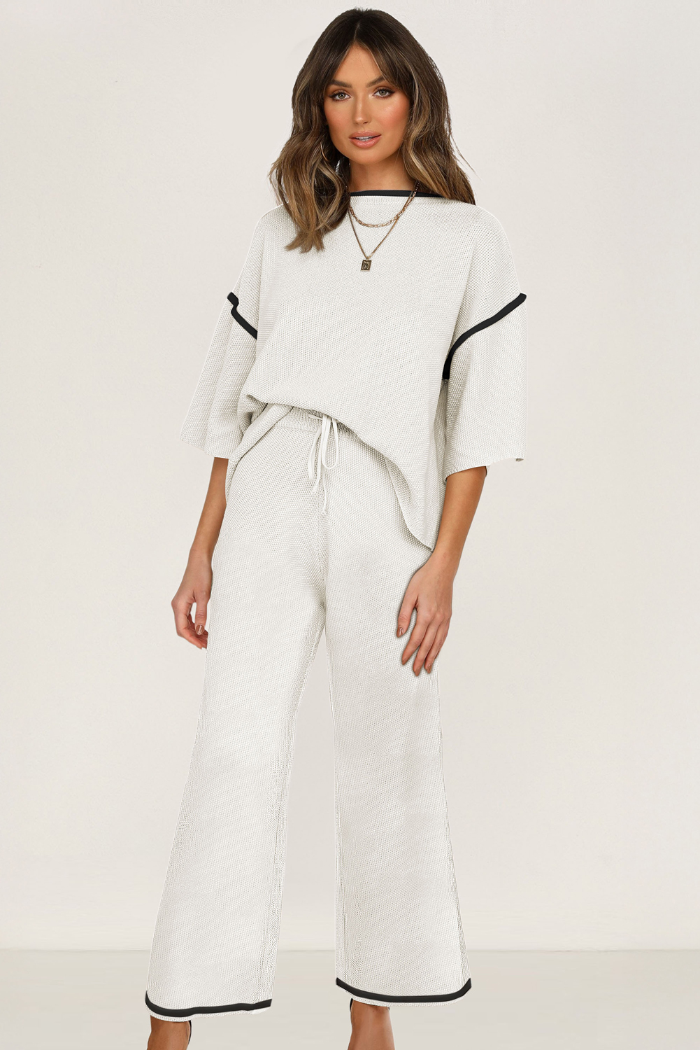 Blackish Green Contrast Trim Half Sleeve Top Drawstring Pants Loose 2pcs Sweater Suit - loveforevers