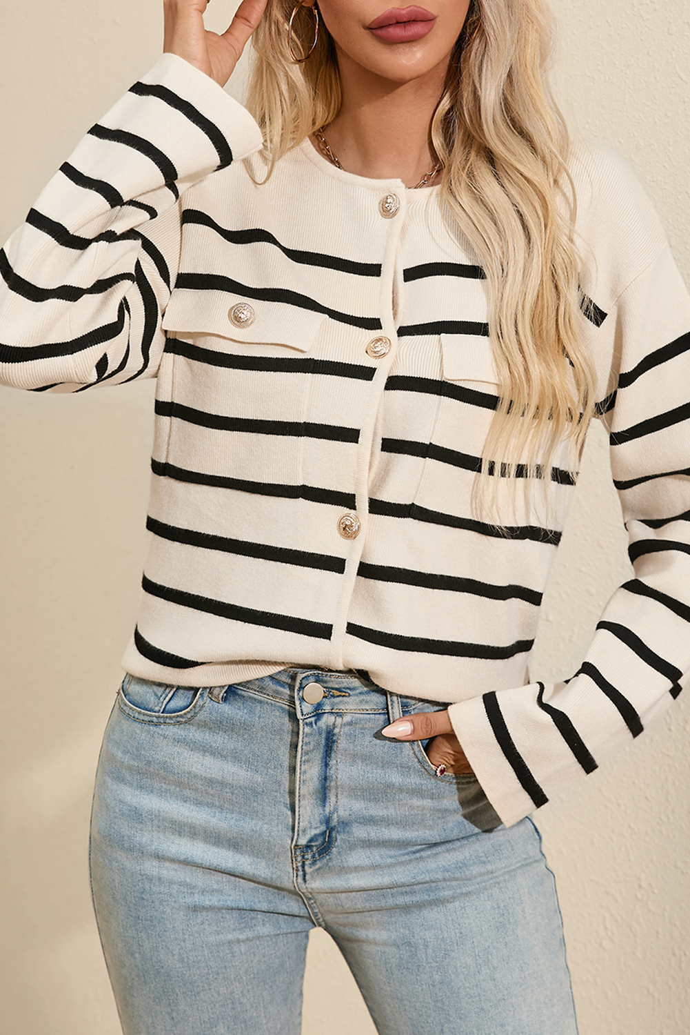 Black Stripe Flap Pocket Buttoned Cardigan Sweater - loveforevers