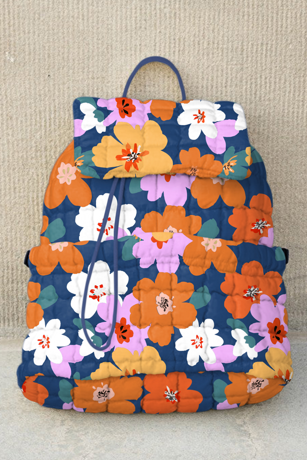 Sail Blue Flower Print Quilted Large Backpack - loveforevers