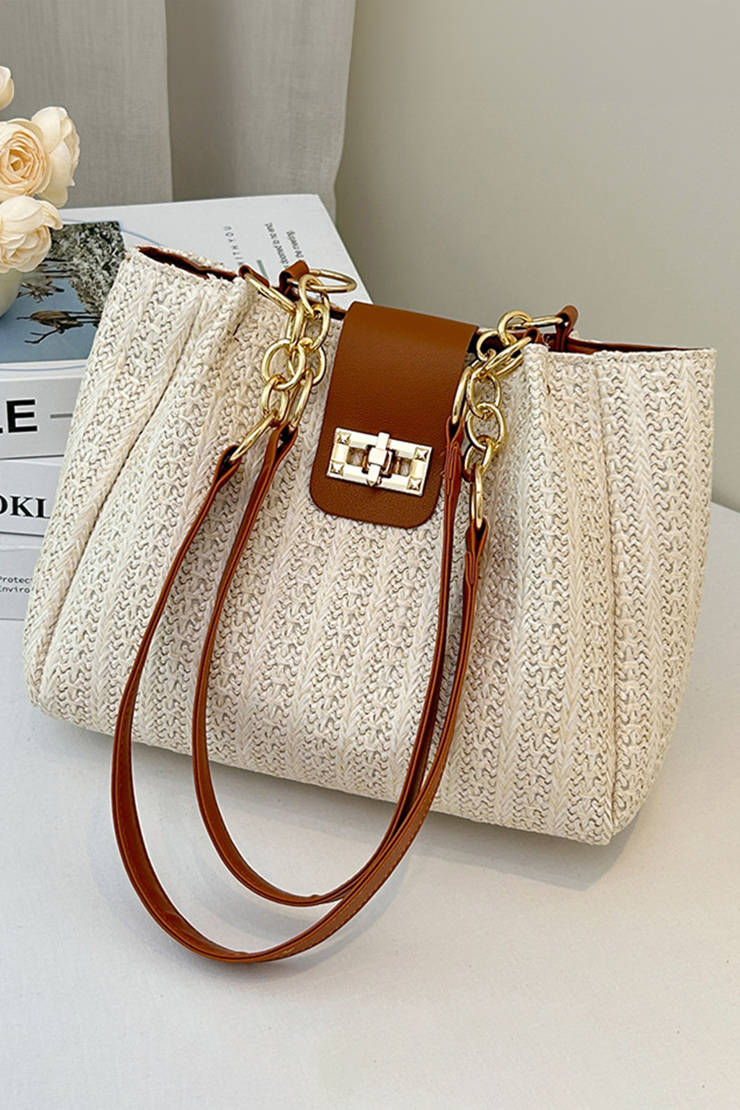 Coffee PU Leather Chain Handle Woven Textured Knit Tote Bag - loveforevers