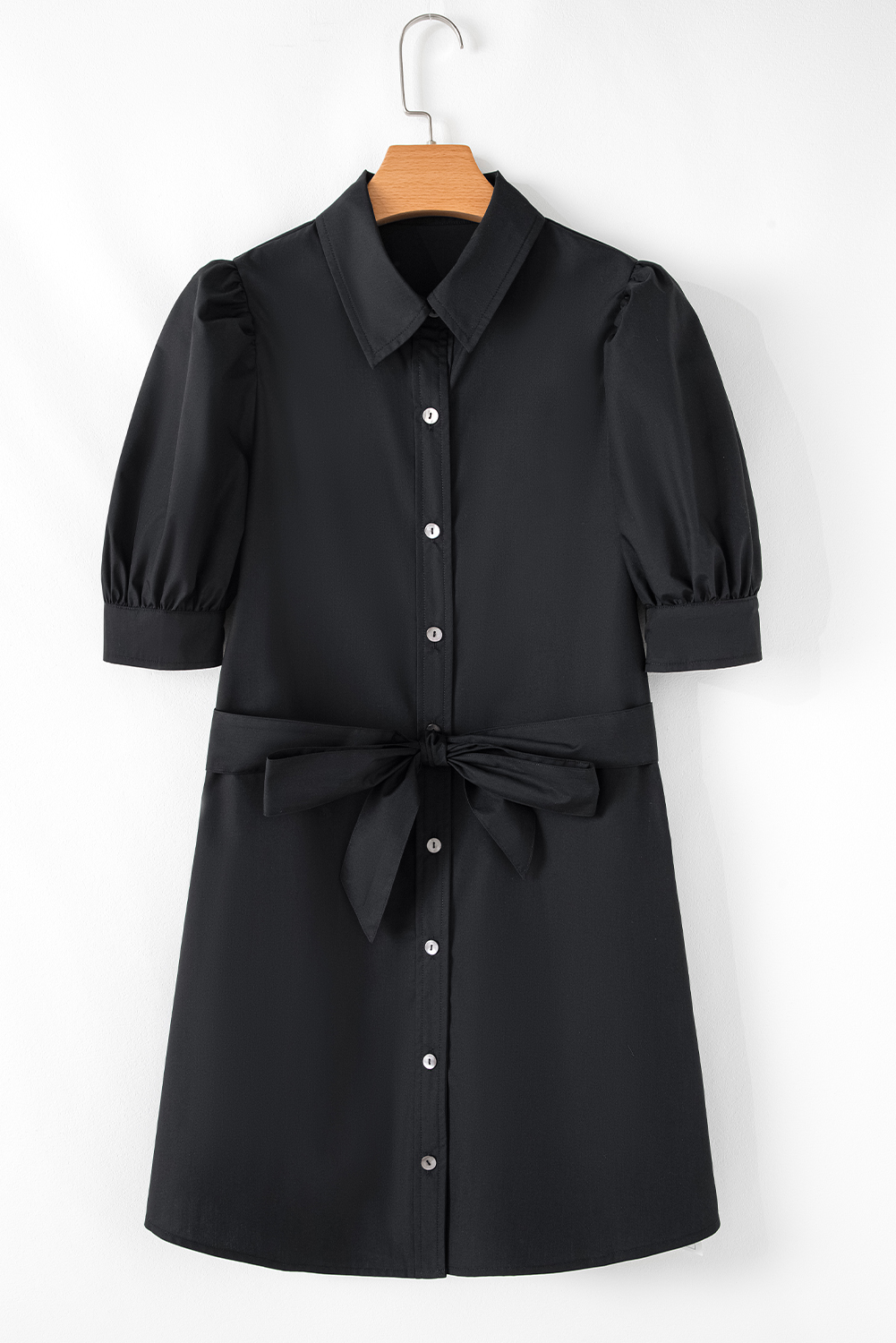 Black Button Up Tie Waist Puff Sleeve Mini Dress - loveforevers