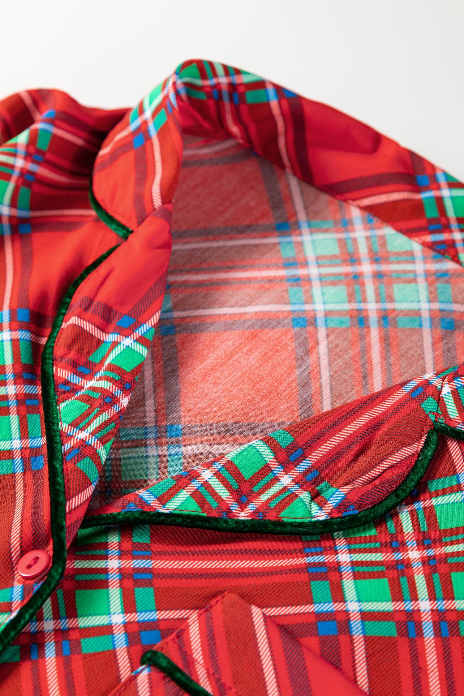 Fiery Red Christmas Plaid Satin Pajama Set with Contrast Velvet Ties - loveforevers