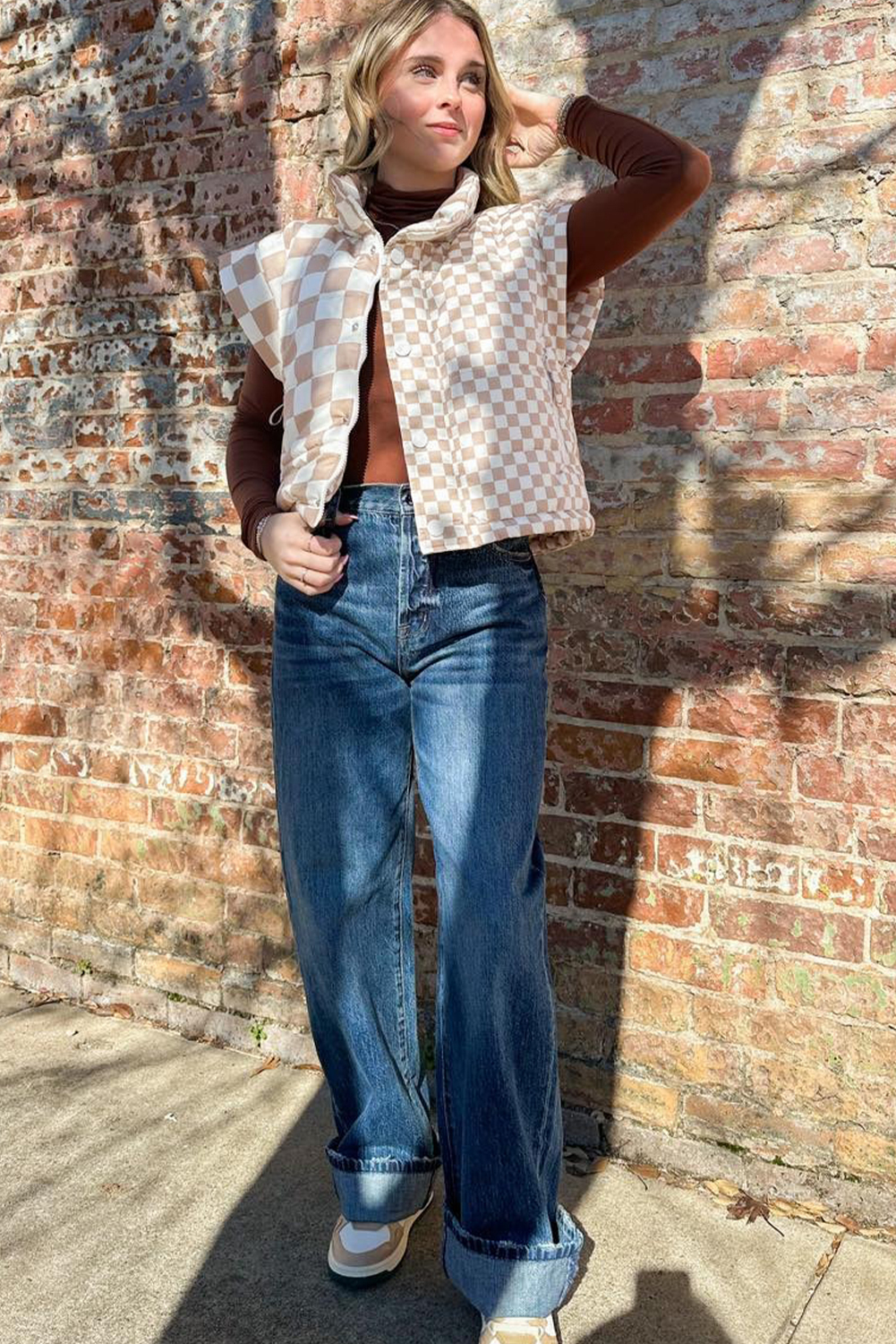 Khaki Contrast Plaid Quilted Button Zip Up Vest - loveforevers