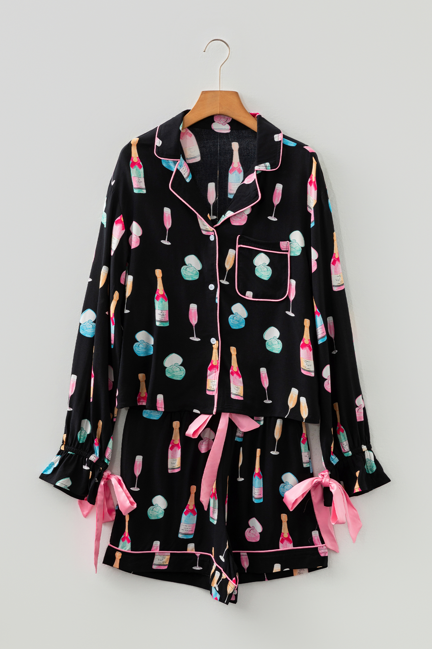 White Christmas Wine Glass Print Bow Knot Two Piece Pajama Set - loveforevers