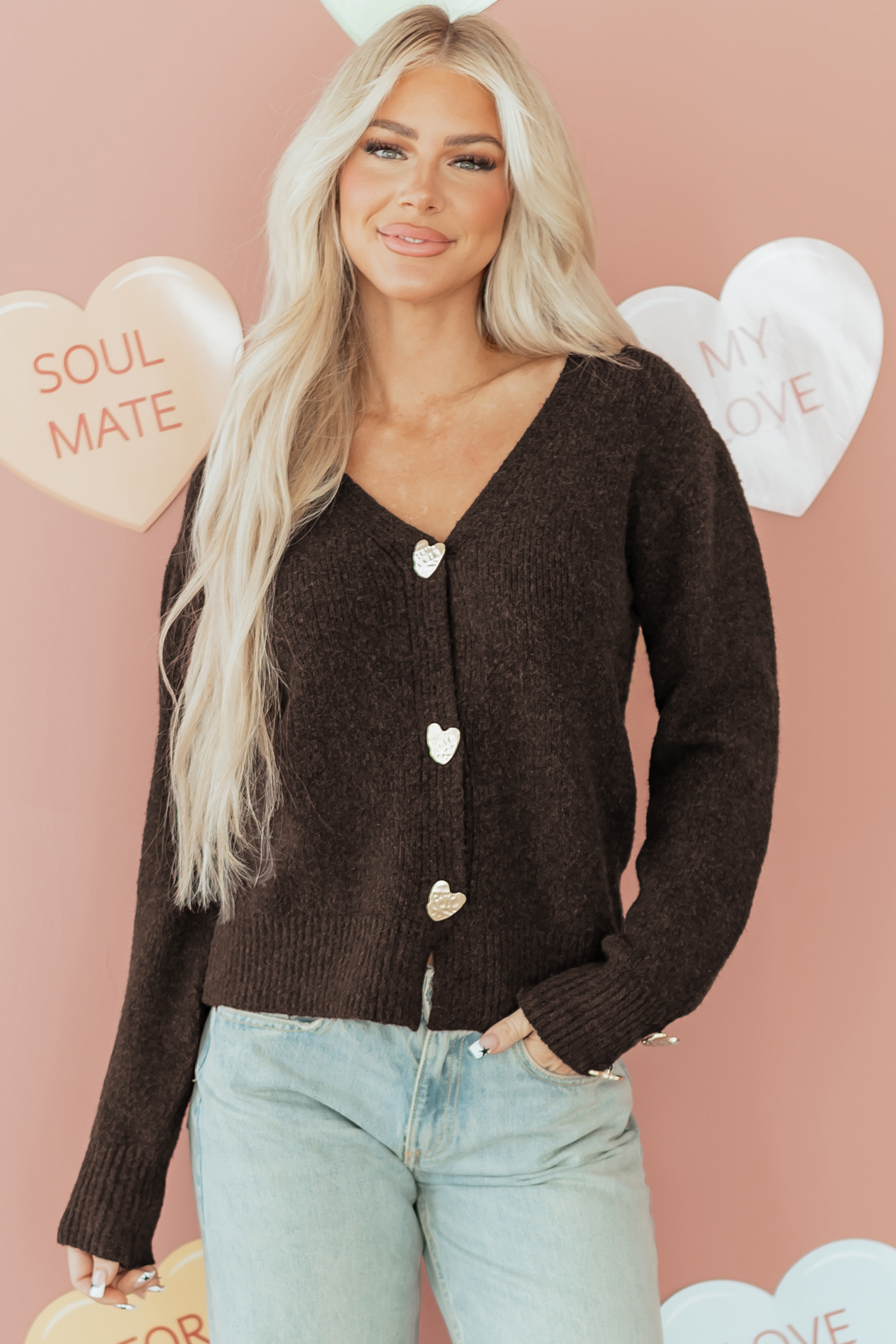 Fiery Red Heart Metal Button V Neck Cardigan Sweater - loveforevers