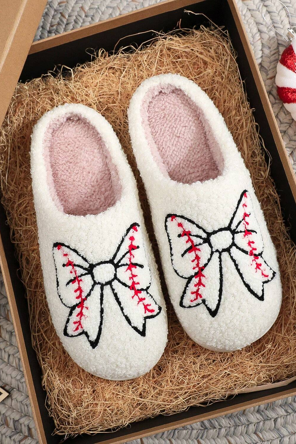 White Bow Knot Rugby Pattern Plush Warm Slippers - loveforevers