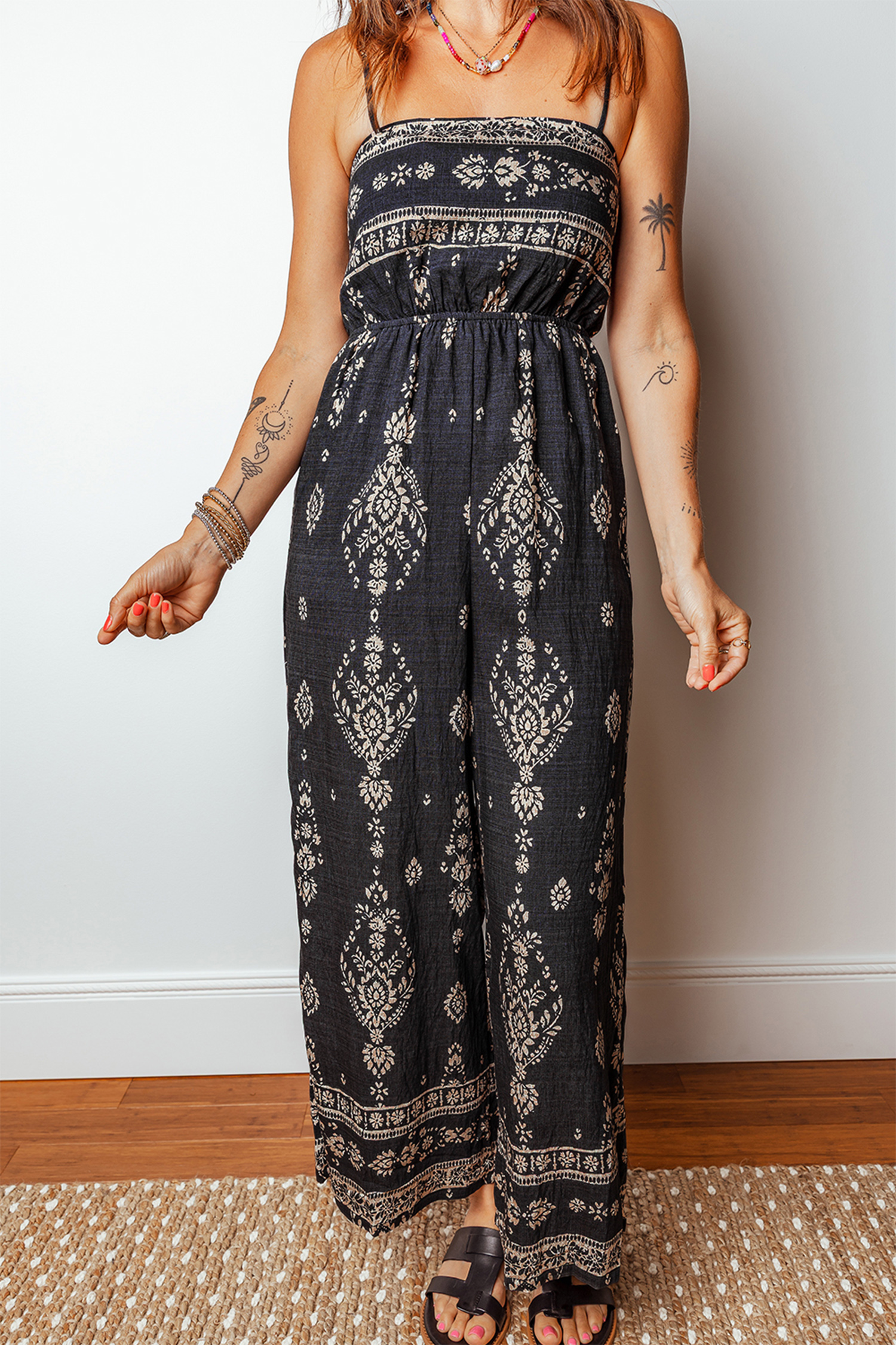 Black Spaghetti Straps Elastic Waist Loose Ethnic Print Jumpsuit - loveforevers