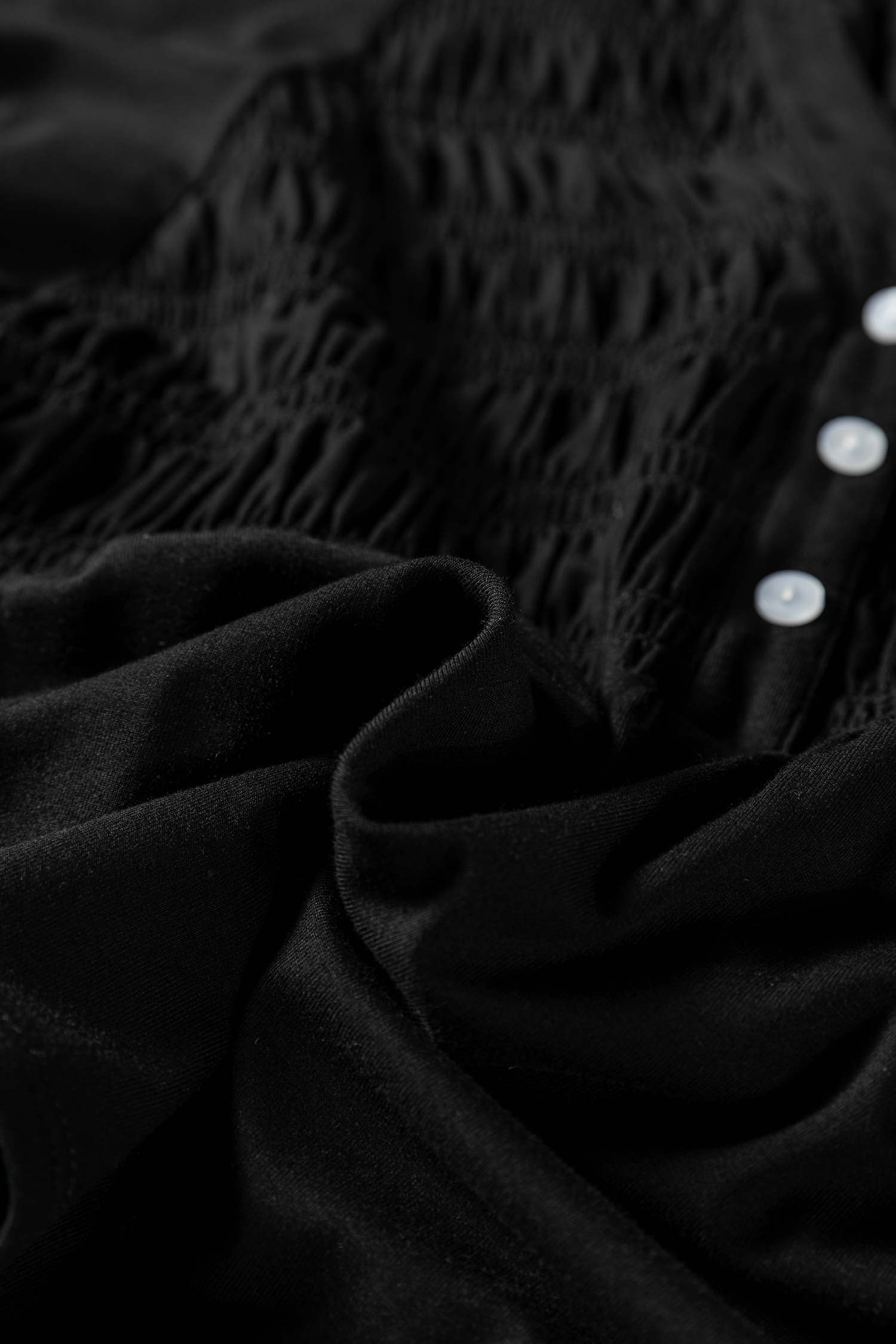 Black Smocked Bust Buttoned Split V Neck Flow Fit Blouse - loveforevers