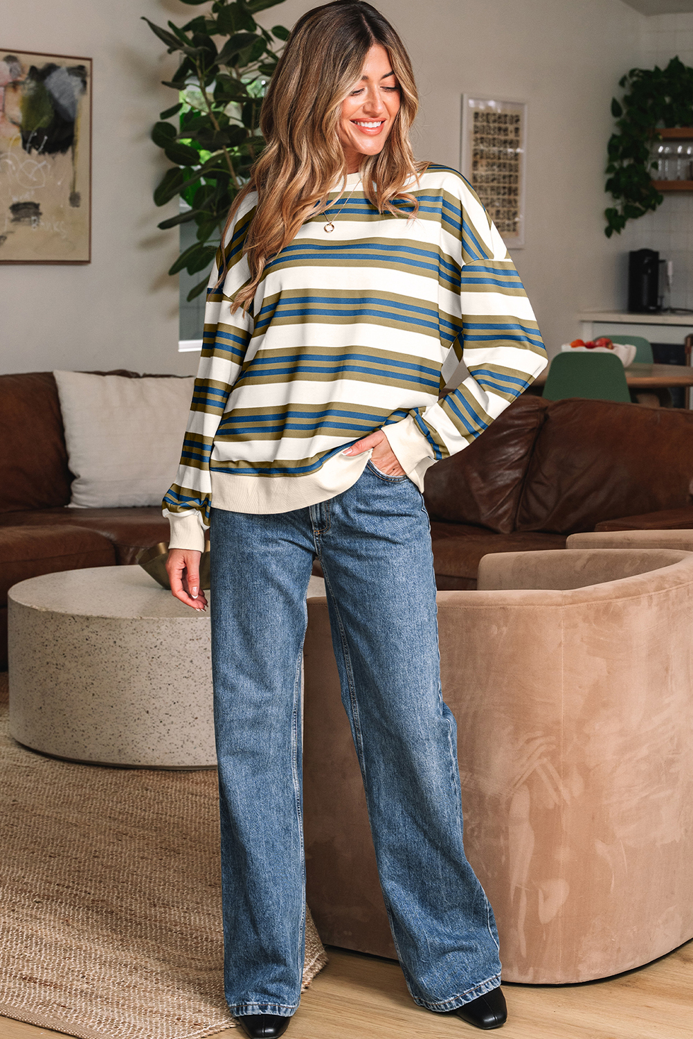 Khaki Stripe Crew Neck Drop Shoulder Pullover Sweatshirt - loveforevers