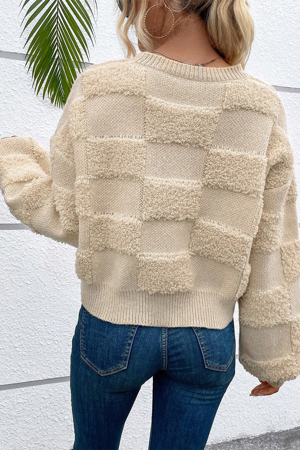 Parchment Checkered Sherpa Crew Neck Loose Sweater - loveforevers