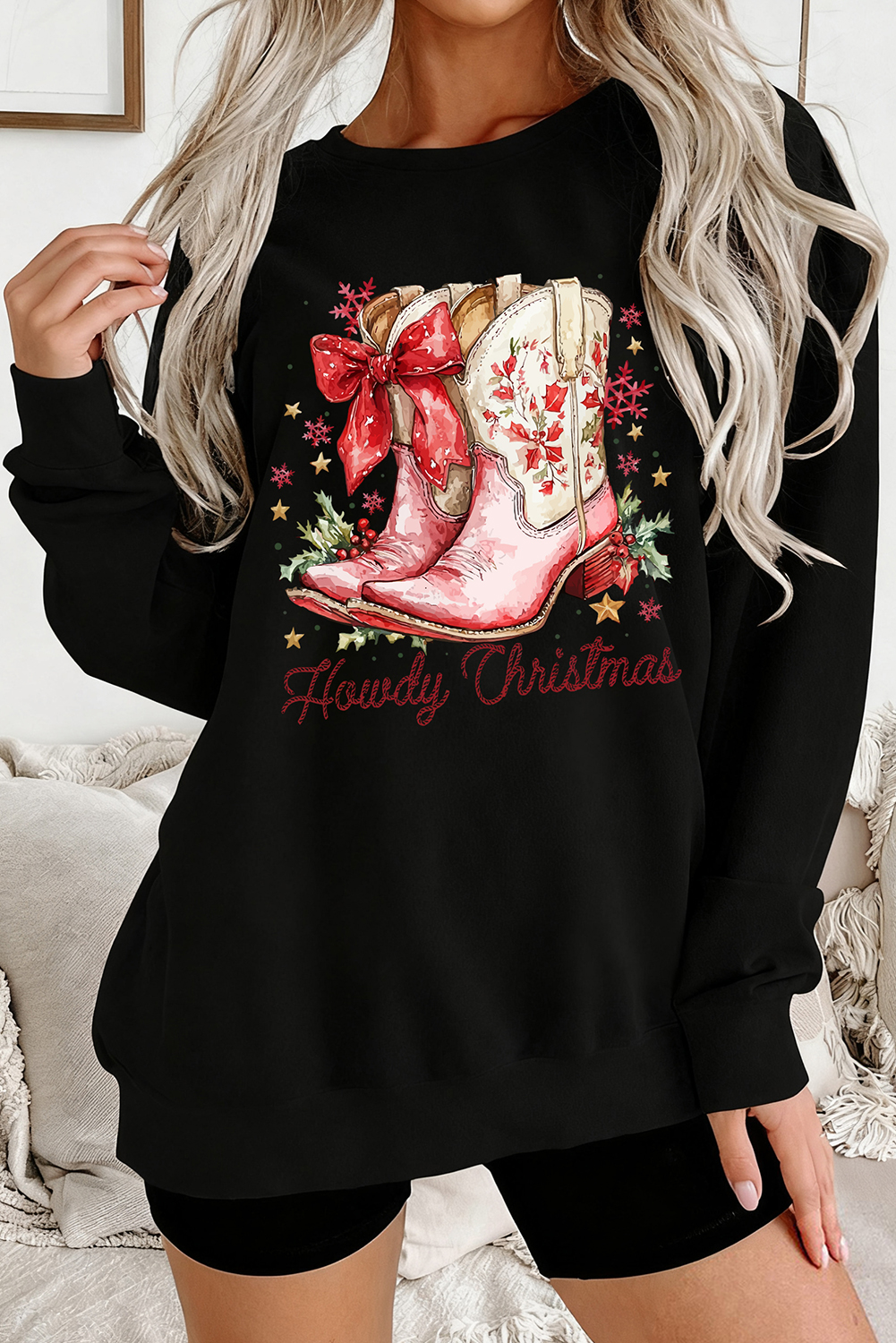 Black Howdy Christmas Cowgirls Boots Printed Baggy Sweatshirt - loveforevers