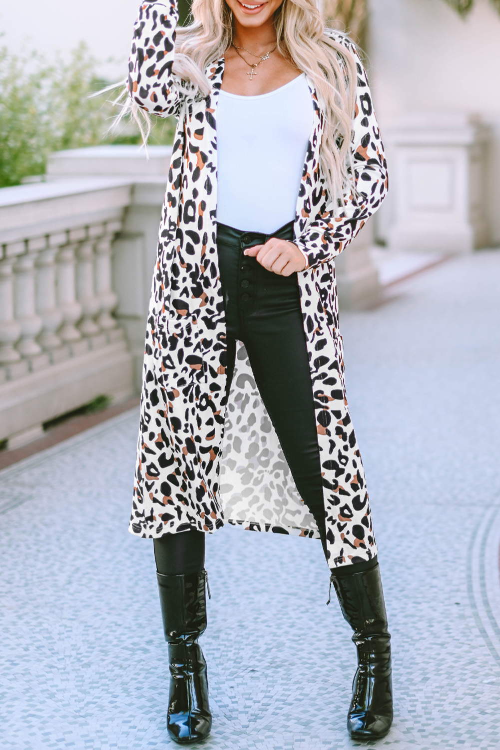 Leopard Pocketed Open Front Duster Cardigan - loveforevers