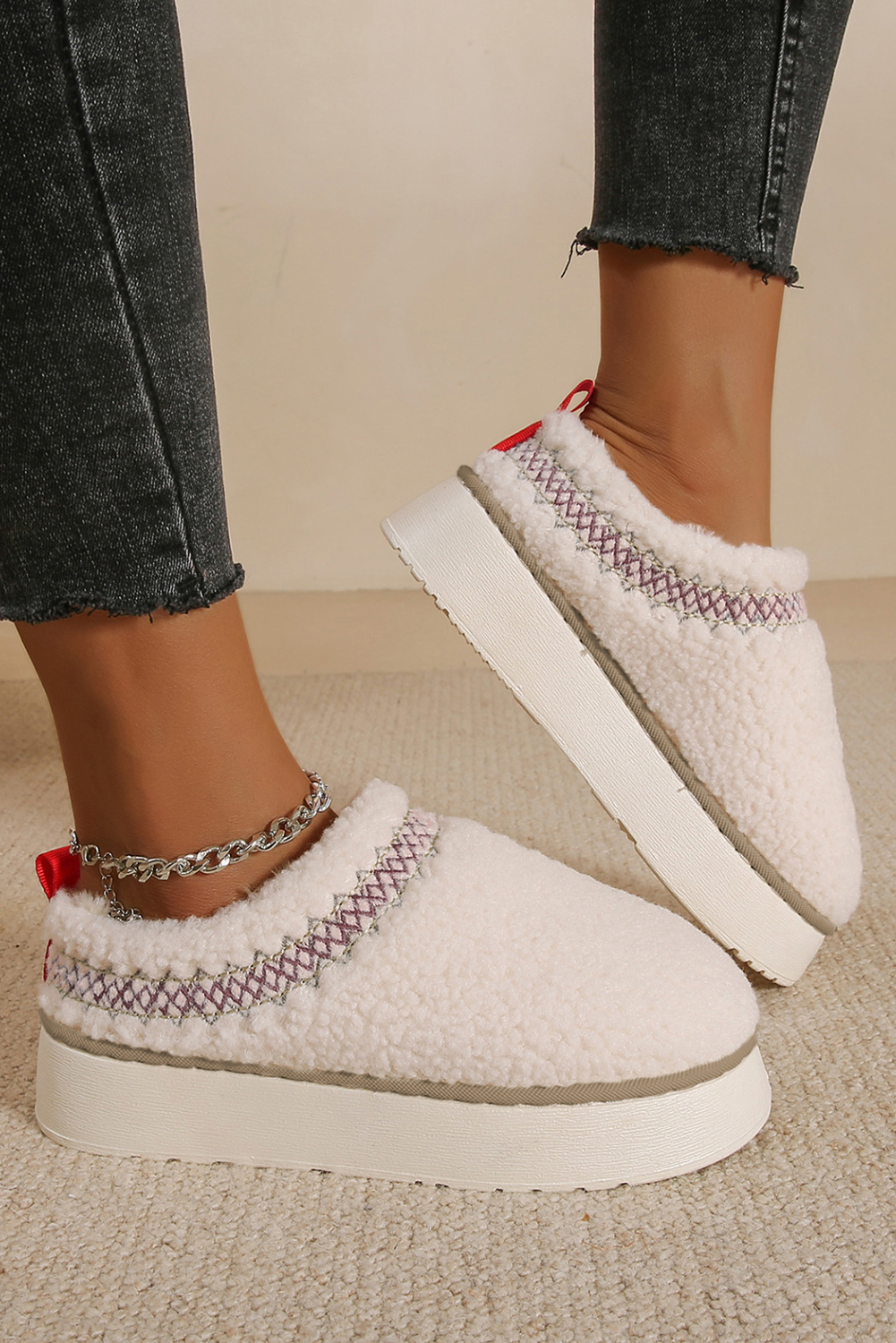 Oatmeal Embroidered Sherpa Plush Thick Sole Snow Boots - loveforevers