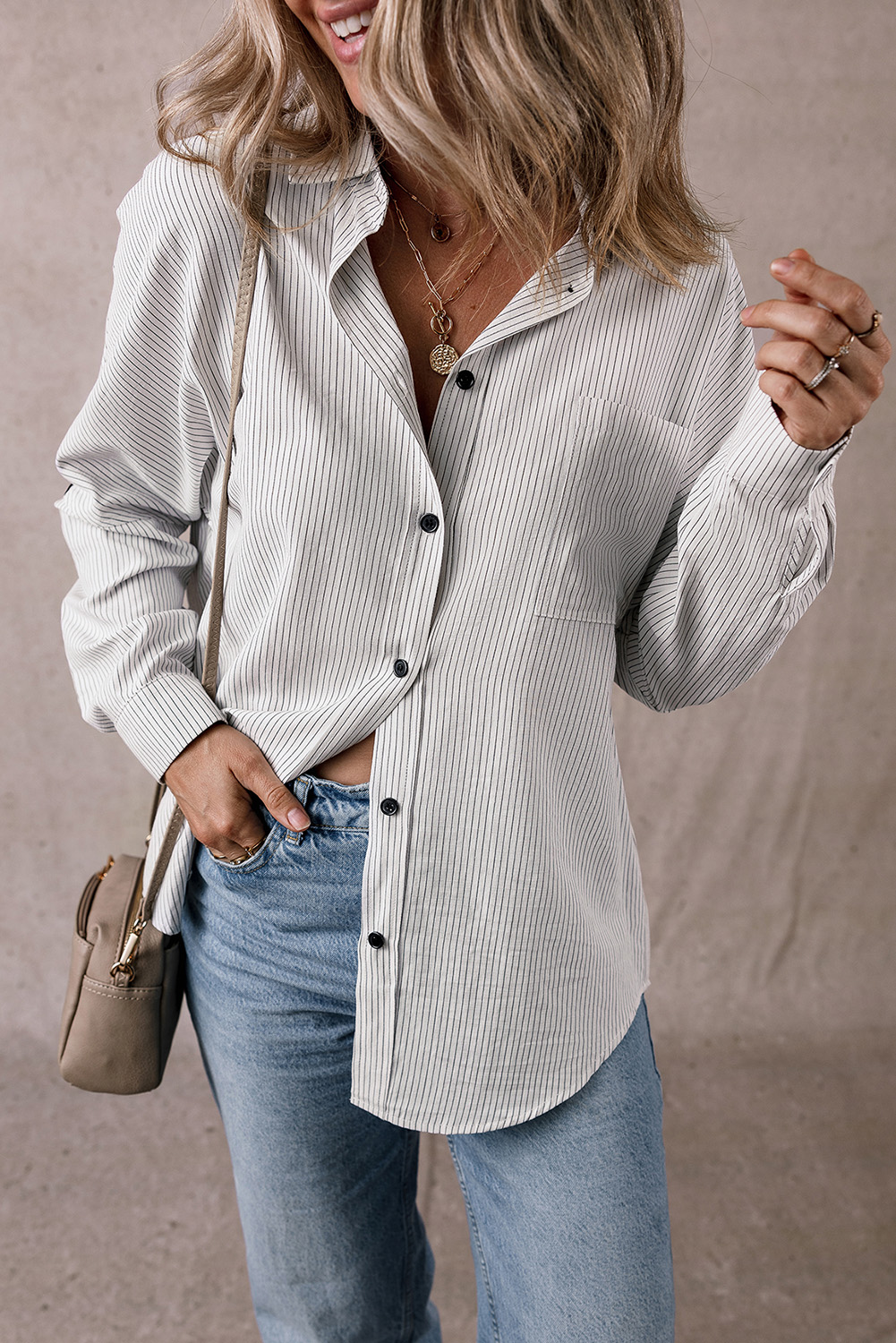DEAR-LOVER Stripe Roll-tab Sleeve Pocketed Long Shirt - loveforevers