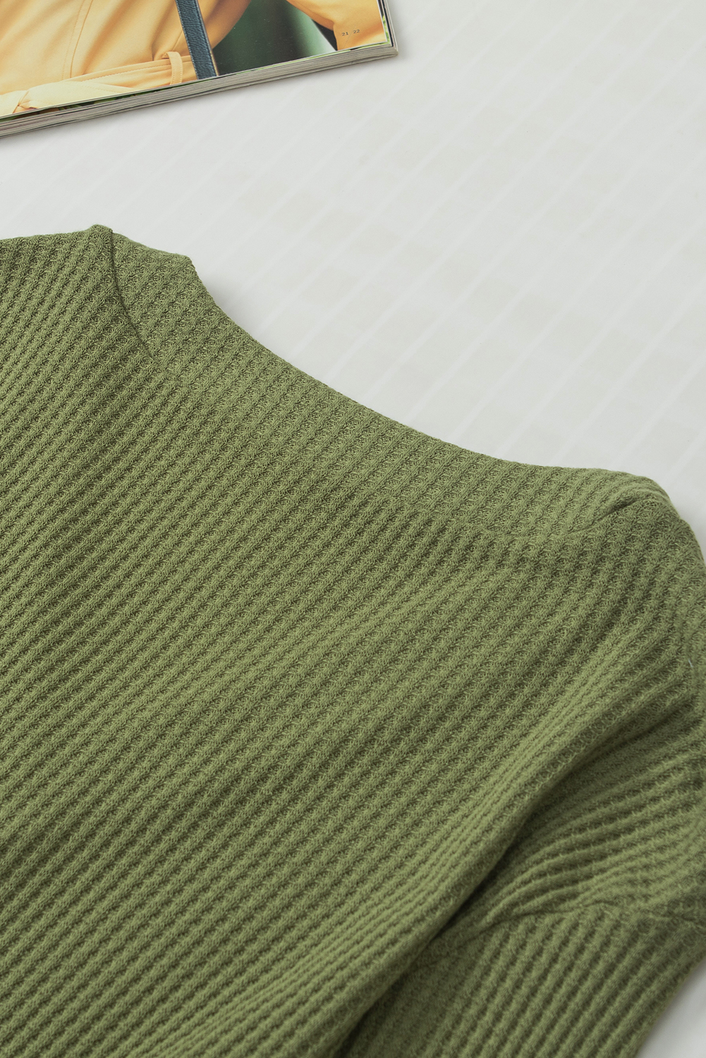 Jungle Green Textured Knit V Neck Button Cuffs Long Sleeve Top - loveforevers