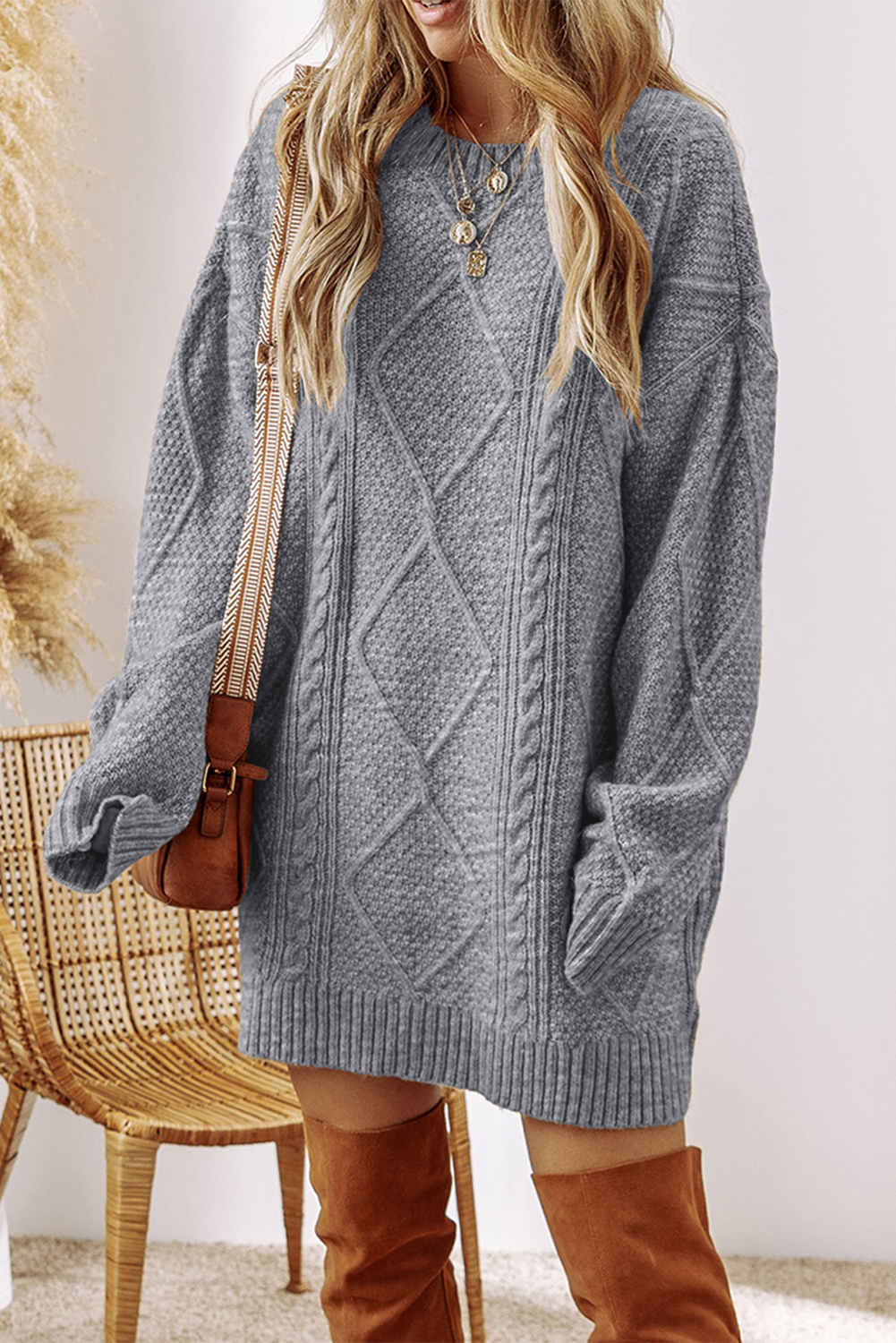Parchment Cable Knit Drop Shoulder Loose Fit Sweater Dress - loveforevers