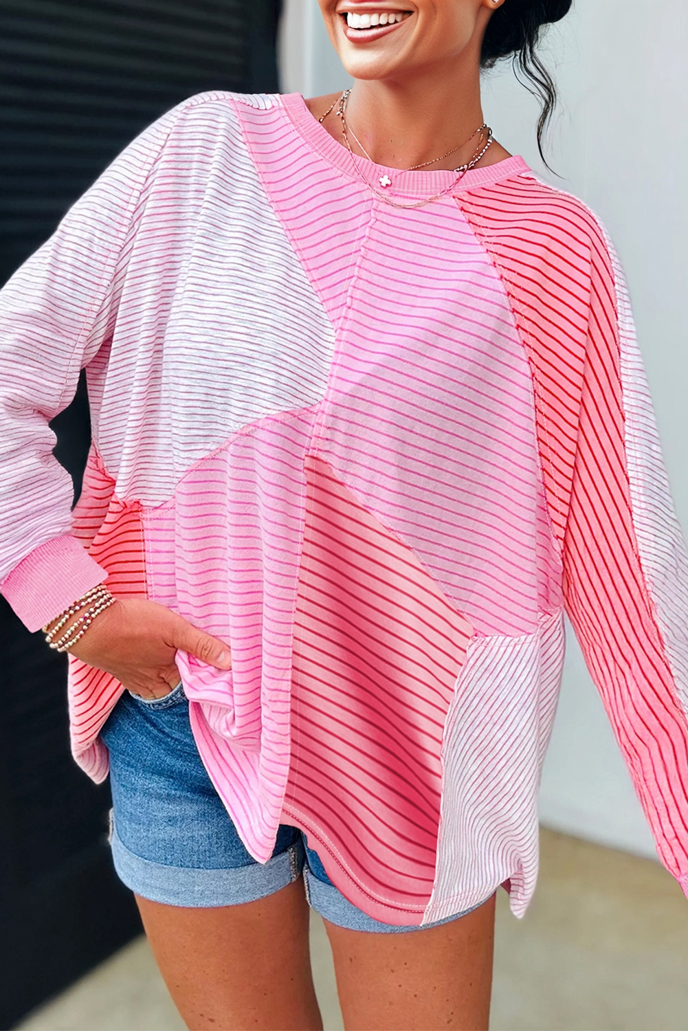 Sachet Pink Striped Colorblock Exposed Seam Casual Long Sleeve Top - loveforevers