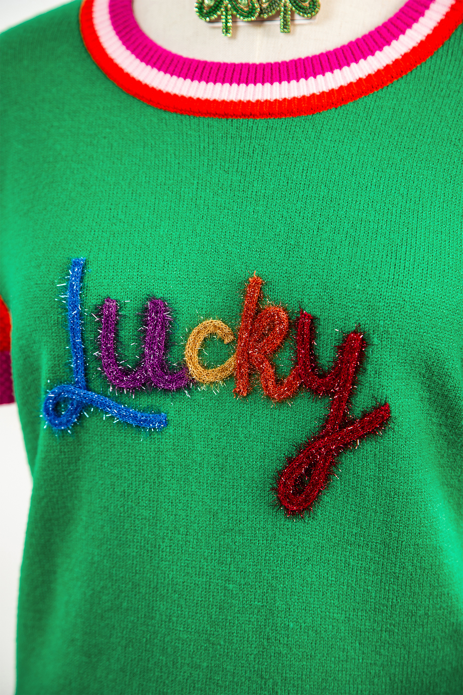 Bright Green Shiny Lucky Striped Flutter Sleeve Round Neck Sweater - loveforevers