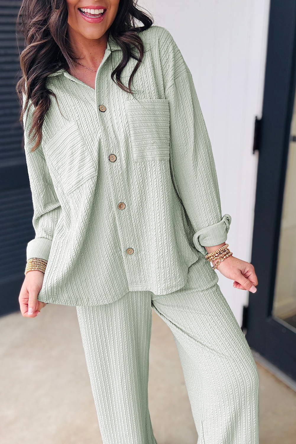 Clearly Aqua Textured Patched Chest Pocket Shirt and Pants Set - loveforevers