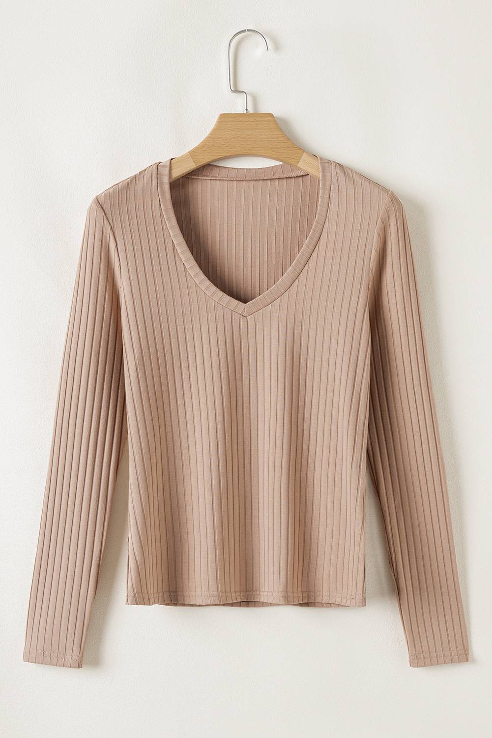 Strawberry Pink Ribbed Knit V Neck Long Sleeve Slim Fit Top - loveforevers