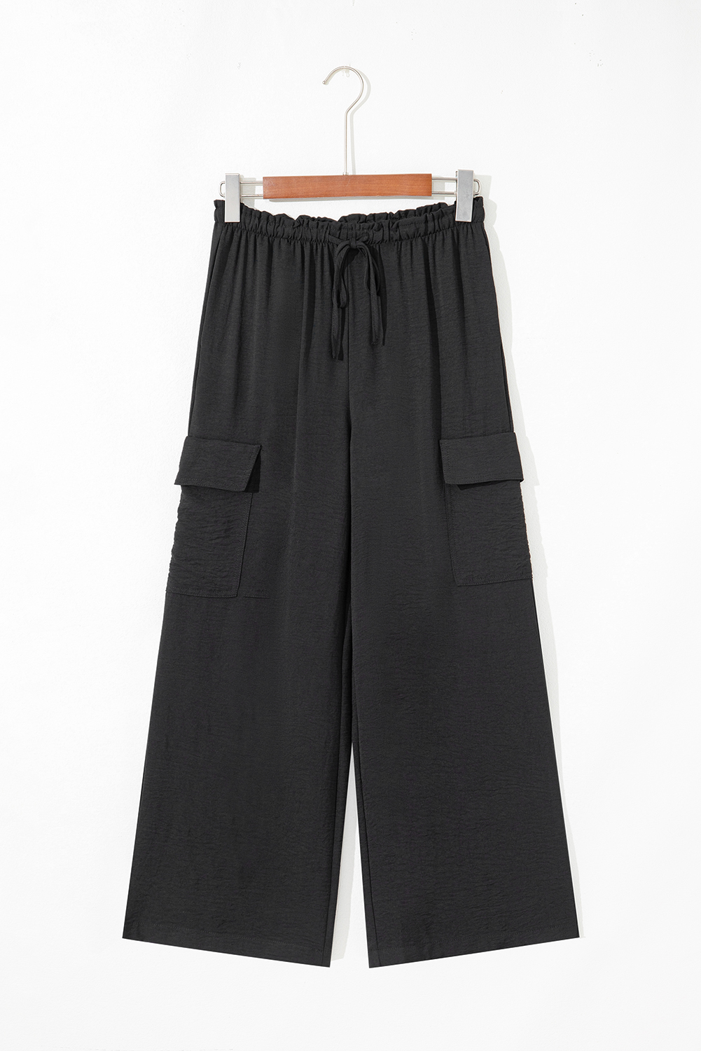 Black Drawstring Frilled Elastic Waistband Wide Leg Utility Trousers - loveforevers