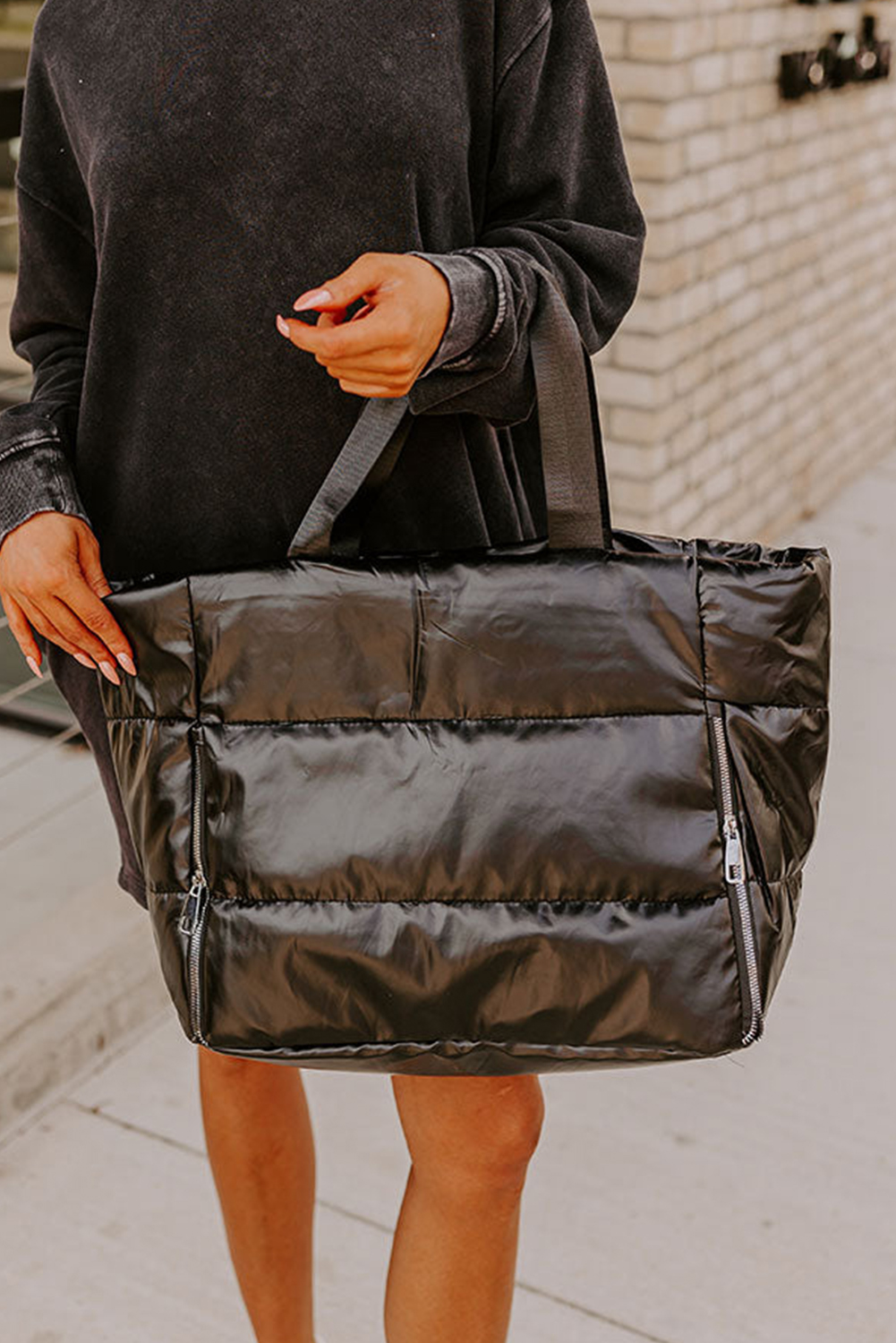 Black Solid Zipper Puffer Large Tote Bag - loveforevers