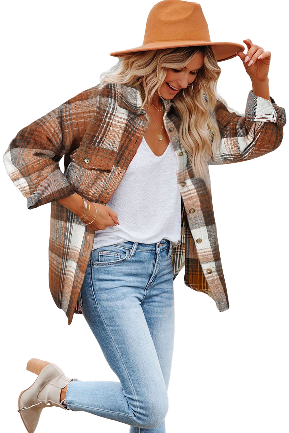 Brown Plaid Flap Pockets Shacket - loveforevers