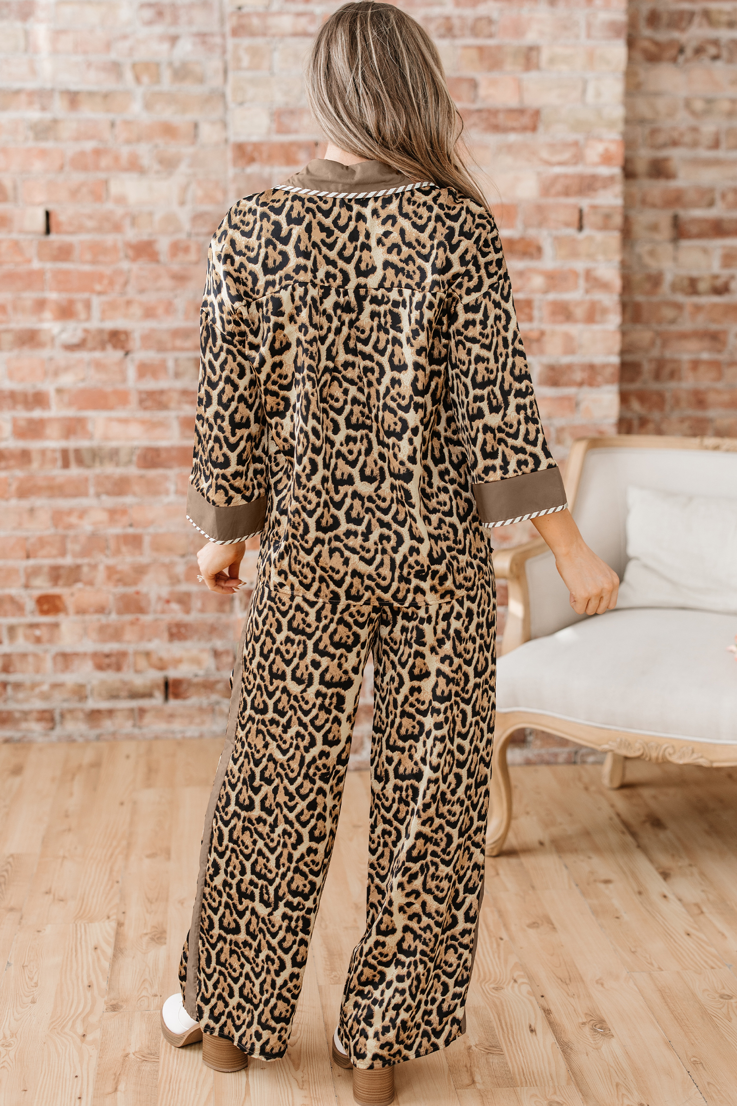 Brown Leopard Collared 3/4 Sleeve Shirt and Loose Pants Two Piece Outfit Set - loveforevers