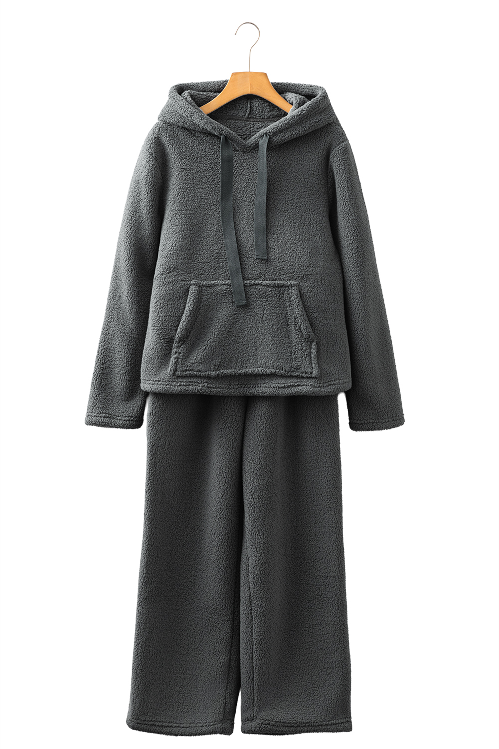 Medium Grey Fuzzy Drawstring Hoodie Lounge Pants 2pcs Set - loveforevers
