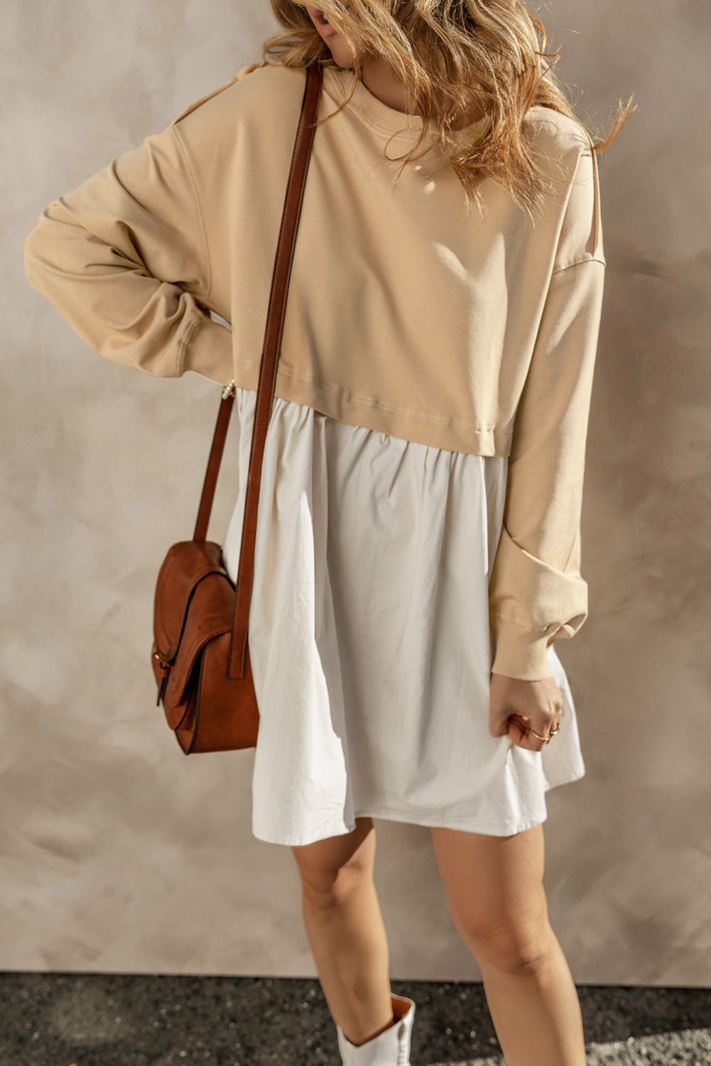 Pale Khaki Sweatshirt Poplin Mini Dress - loveforevers