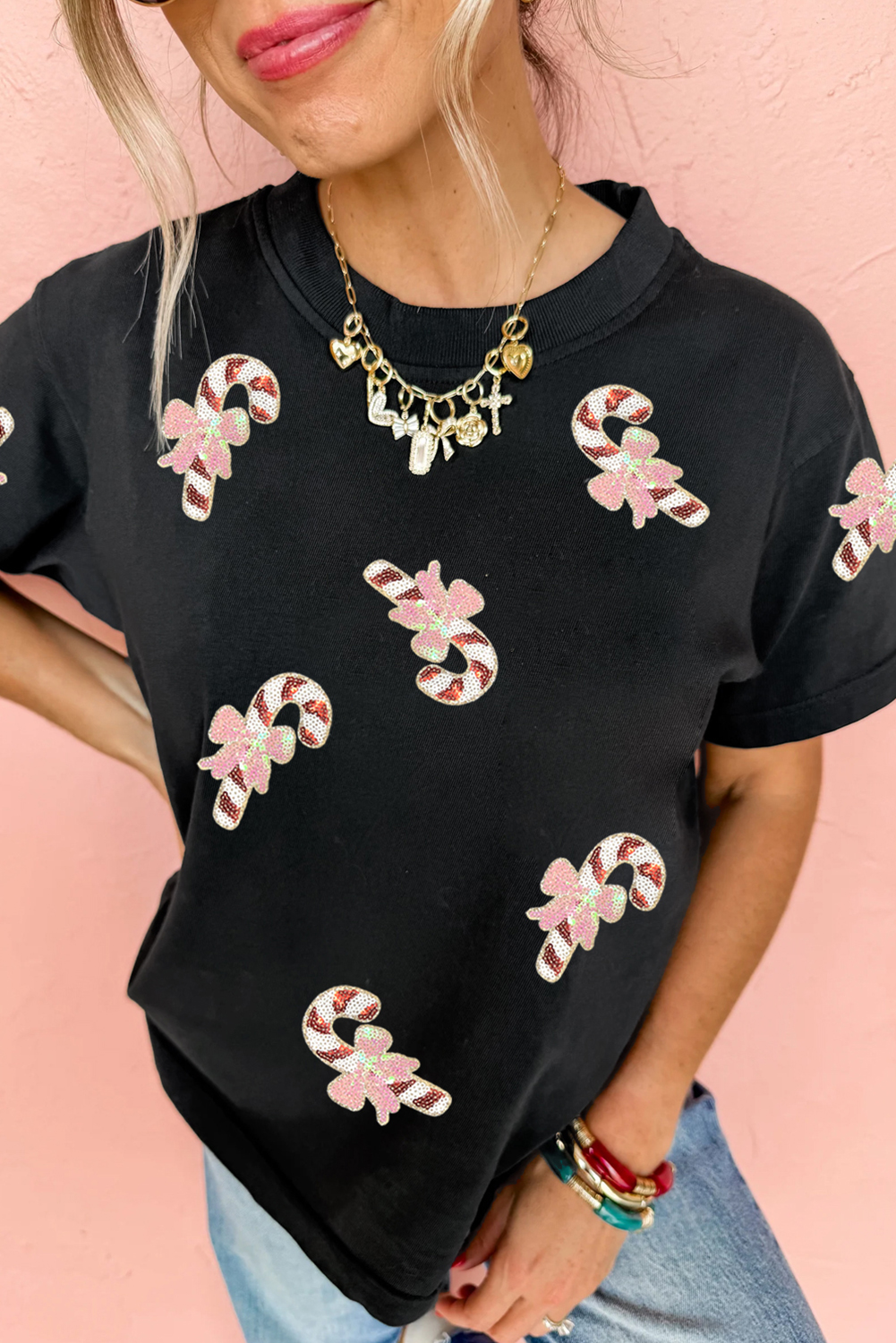 Black Sequined Candy Cane Patched Pattern Holiday T Shirt - loveforevers