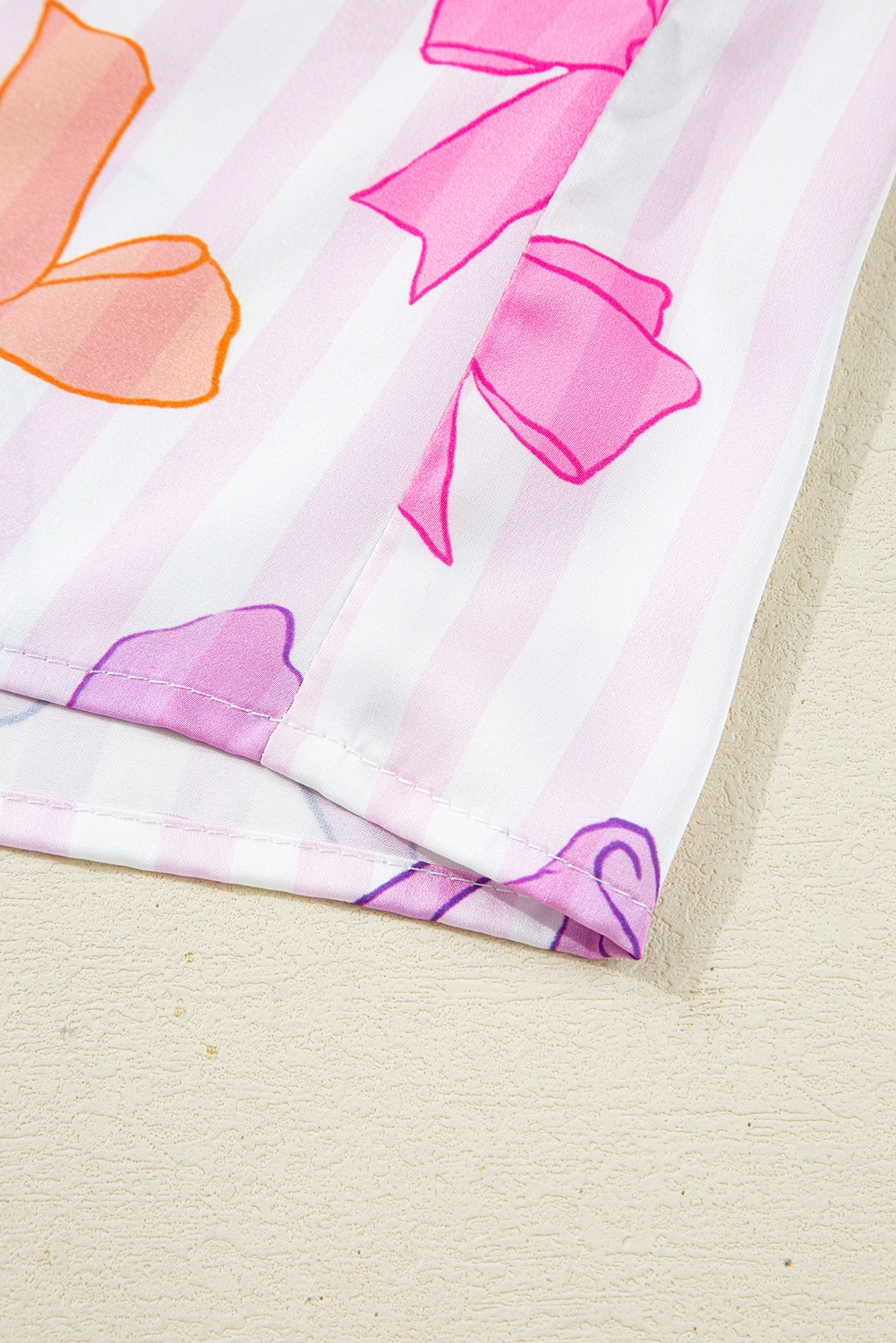Pink Striped Bow Print Contrast Piping Trim Shirt and Pants 2pcs Pajama Set - loveforevers