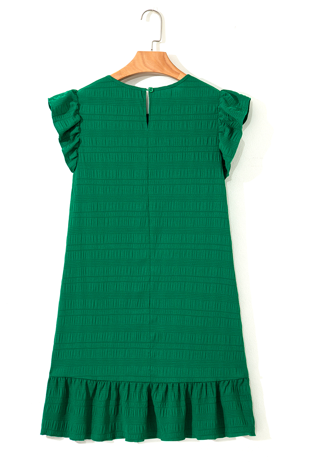 Dark Green Textured Ruffled Sleeve Round Neck Top - loveforevers