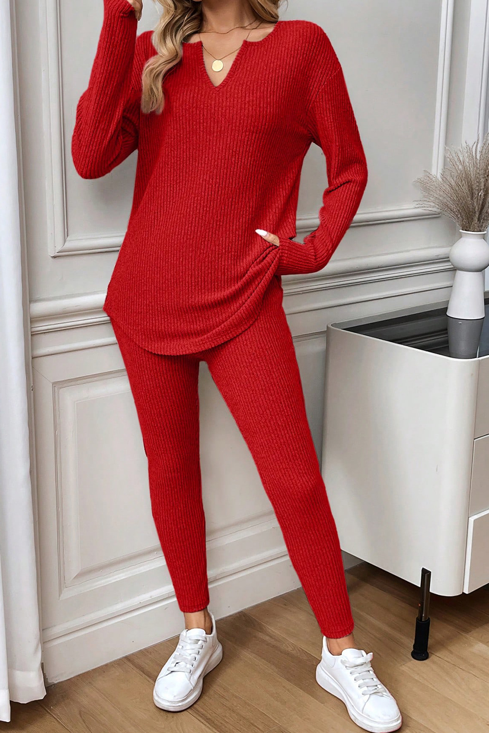 Black Ribbed Notched Neck Knit Long Sleeve Leggings Two Pieces Lounge Set - loveforevers