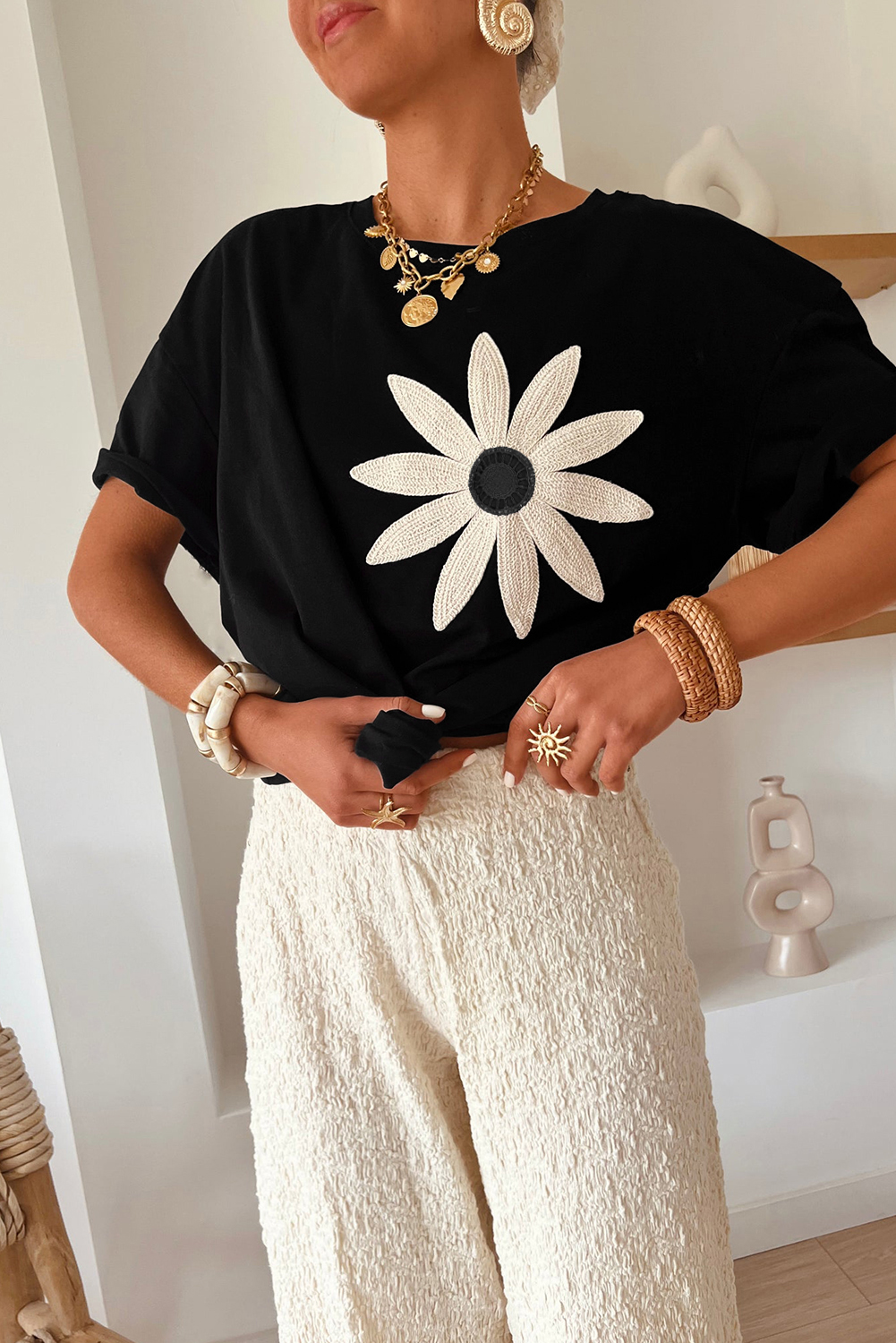 Black Contrast Crochet Floral Graphic Drop Shoulder Loose Tee - loveforevers