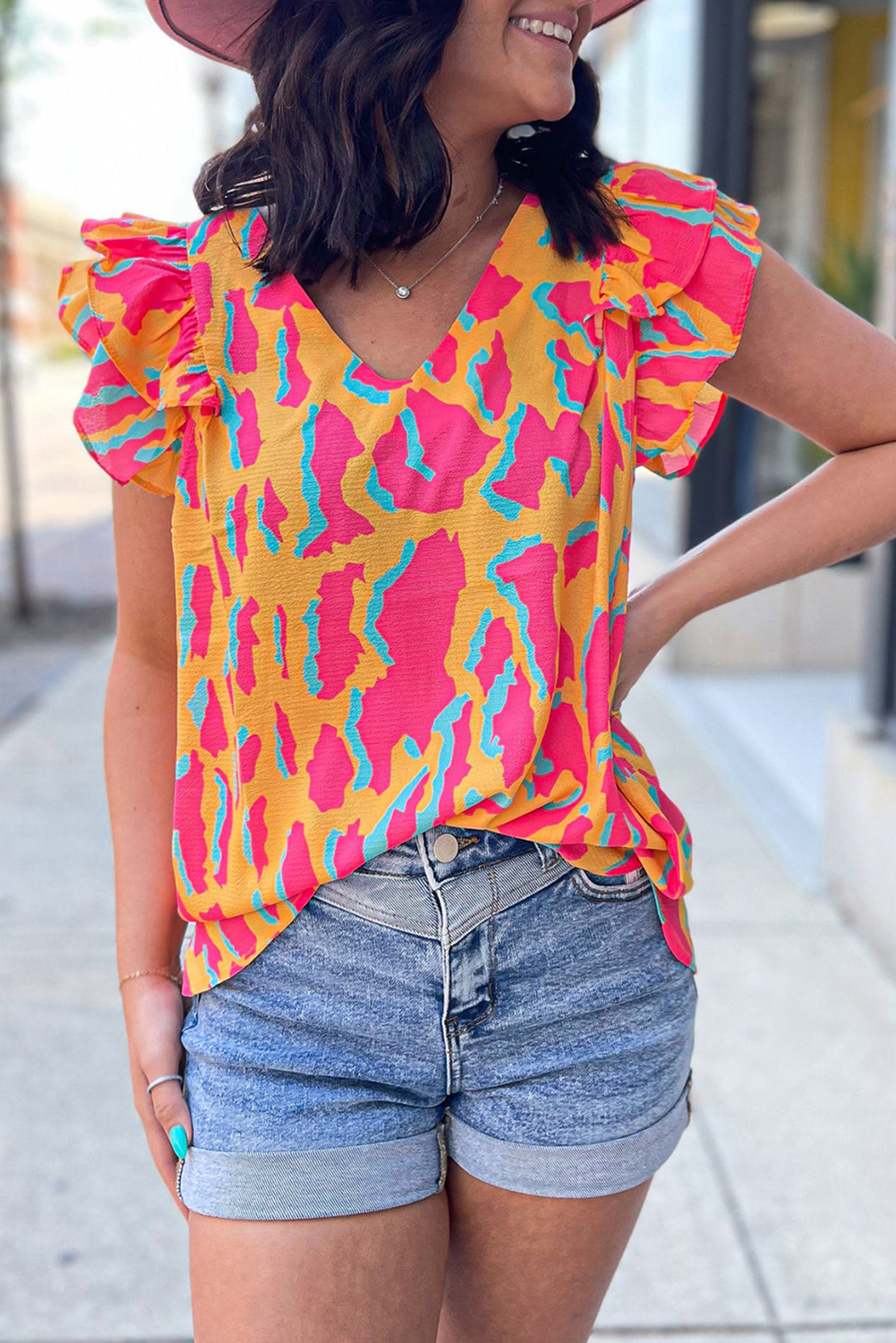 Orange Abstract Print V Neck Ruffled Sleeve Blouse - loveforevers
