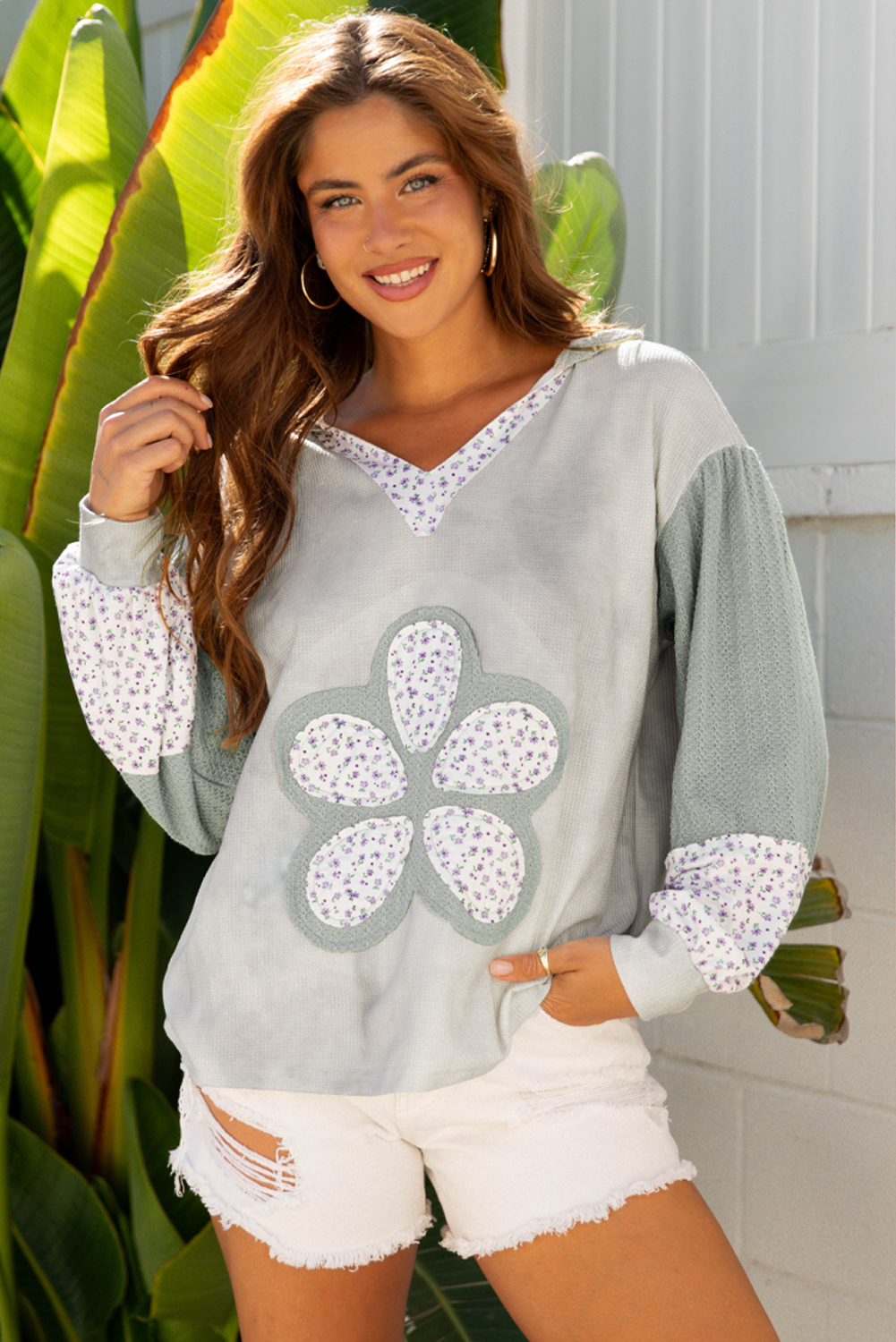 Green Floral Patched Waffle Textured Colorblock V Neck Casual Hooded Top - loveforevers
