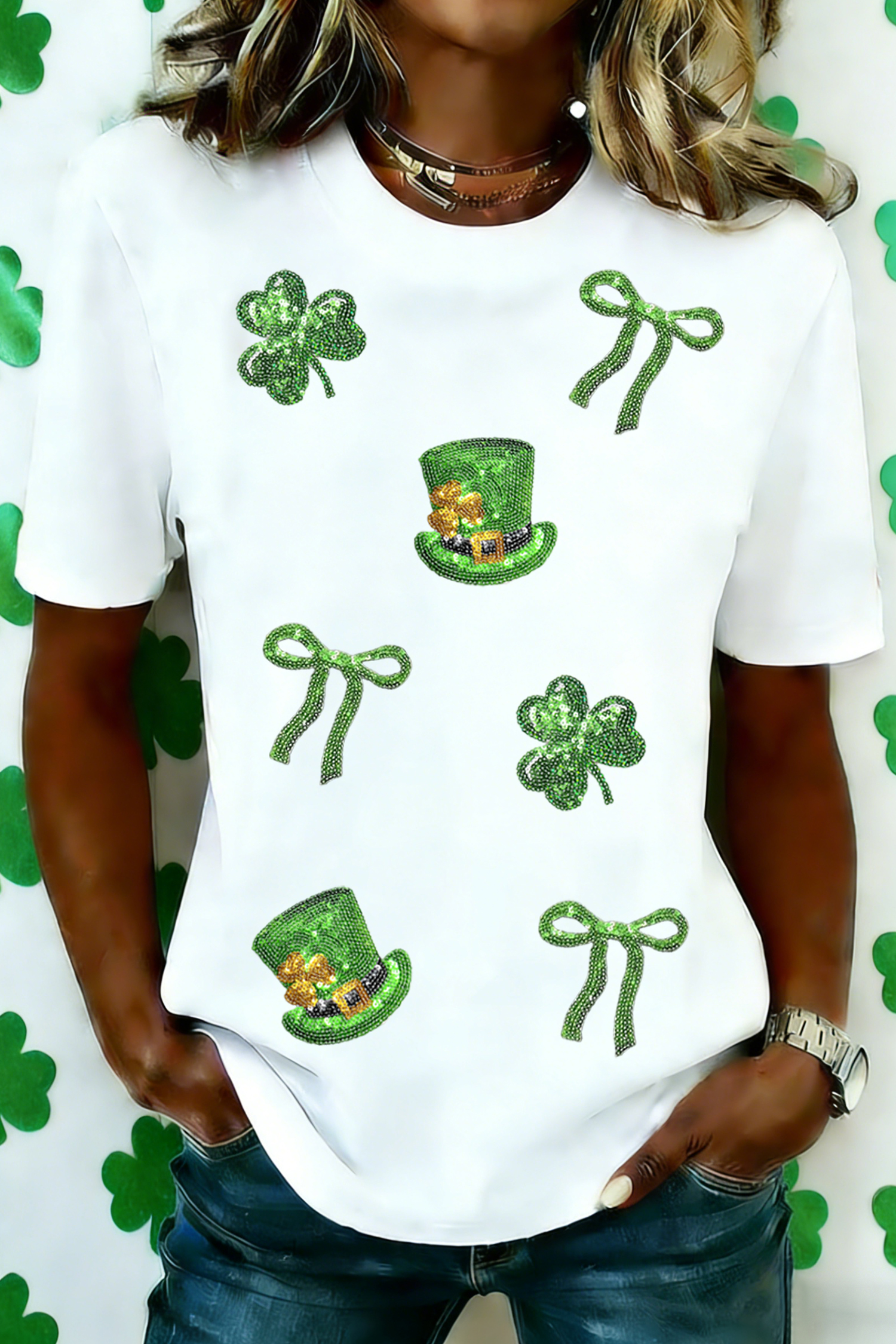 White Coquette St Patricks Day Sequin Graphic T Shirt - loveforevers