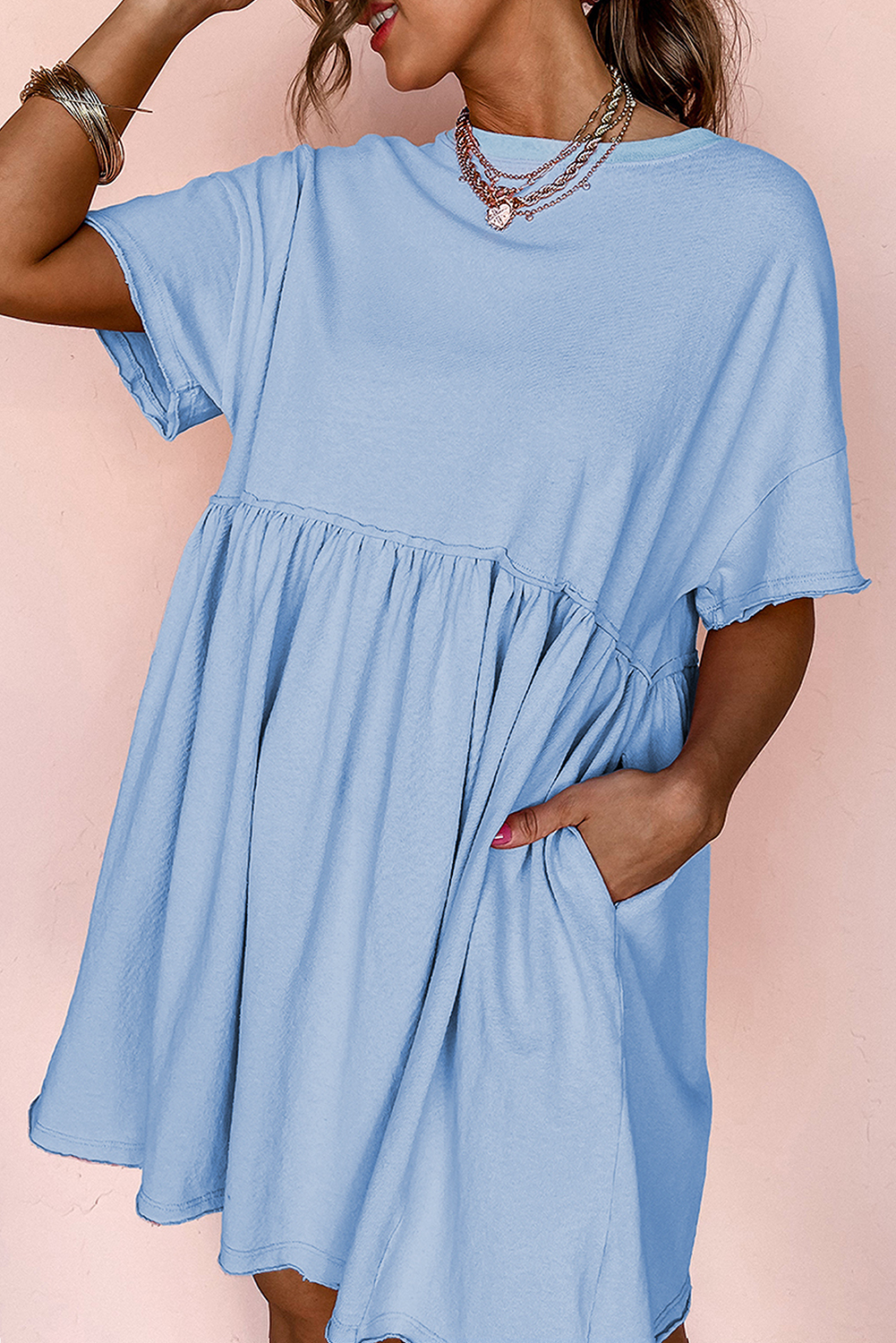 Sky Blue Solid Color Pocketed Raw Edge Babydoll Dress - loveforevers