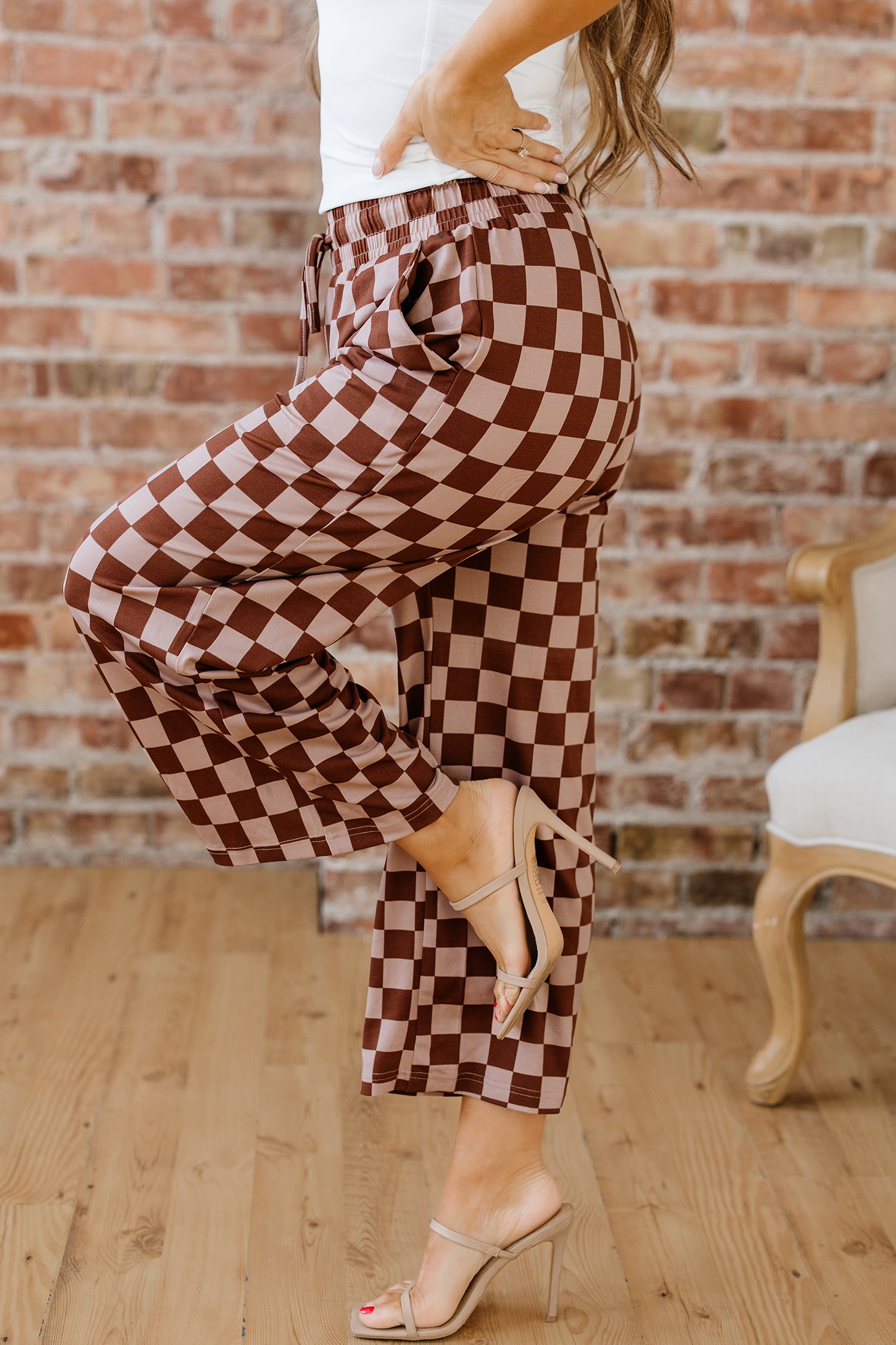 Khaki Checkered Elastic High Waist Loose Casual Pants - loveforevers