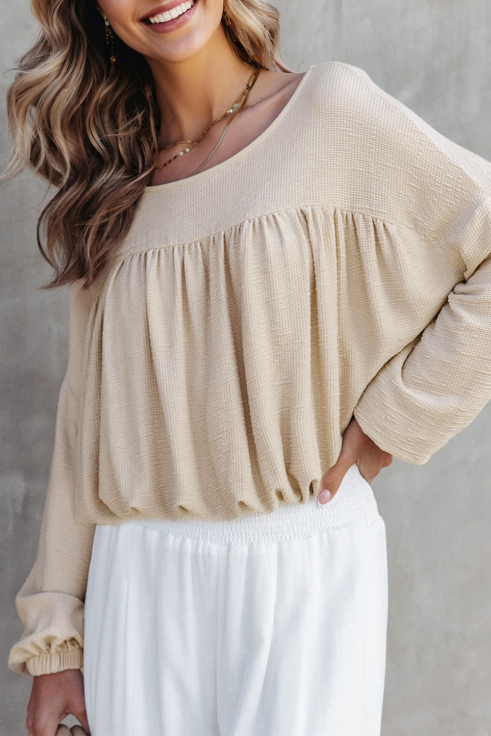 Jet Stream Textured Pleated Drop Shoulder Long Sleeve Knit Top - loveforevers