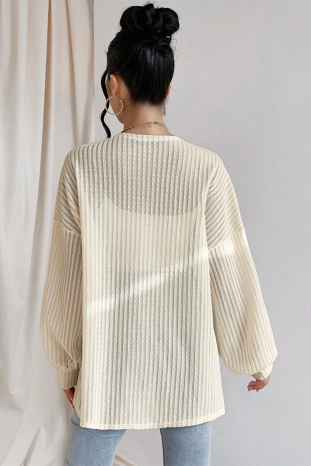 Beige Textured Lantern Sleeve Open Kimono - loveforevers