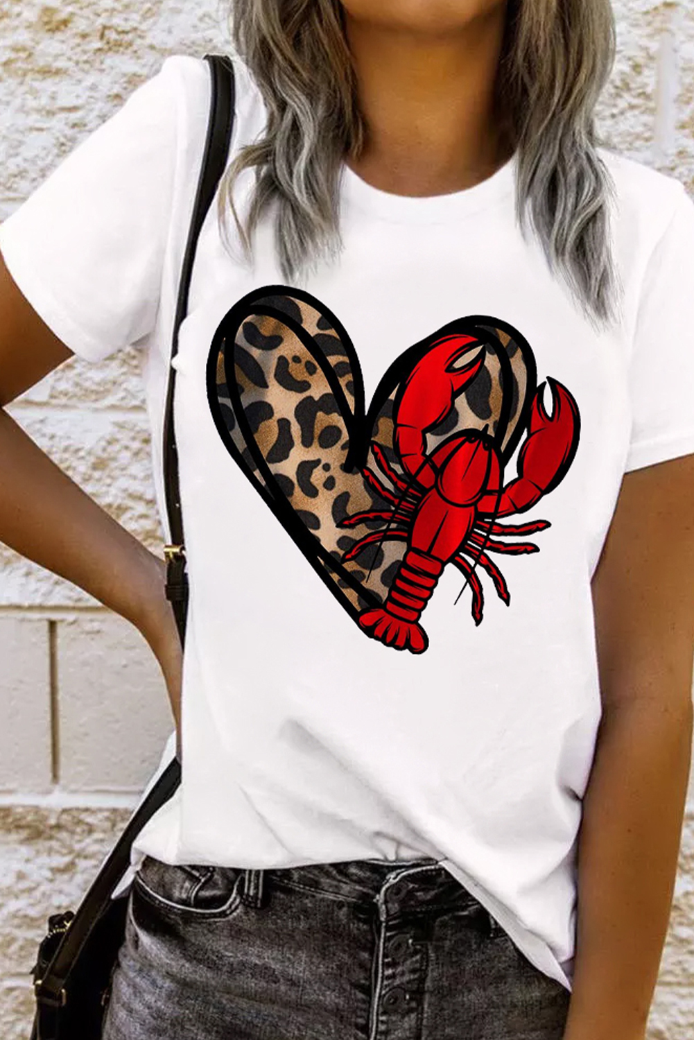 White Crawfish Leopard Heart Print Crewneck Tee - loveforevers
