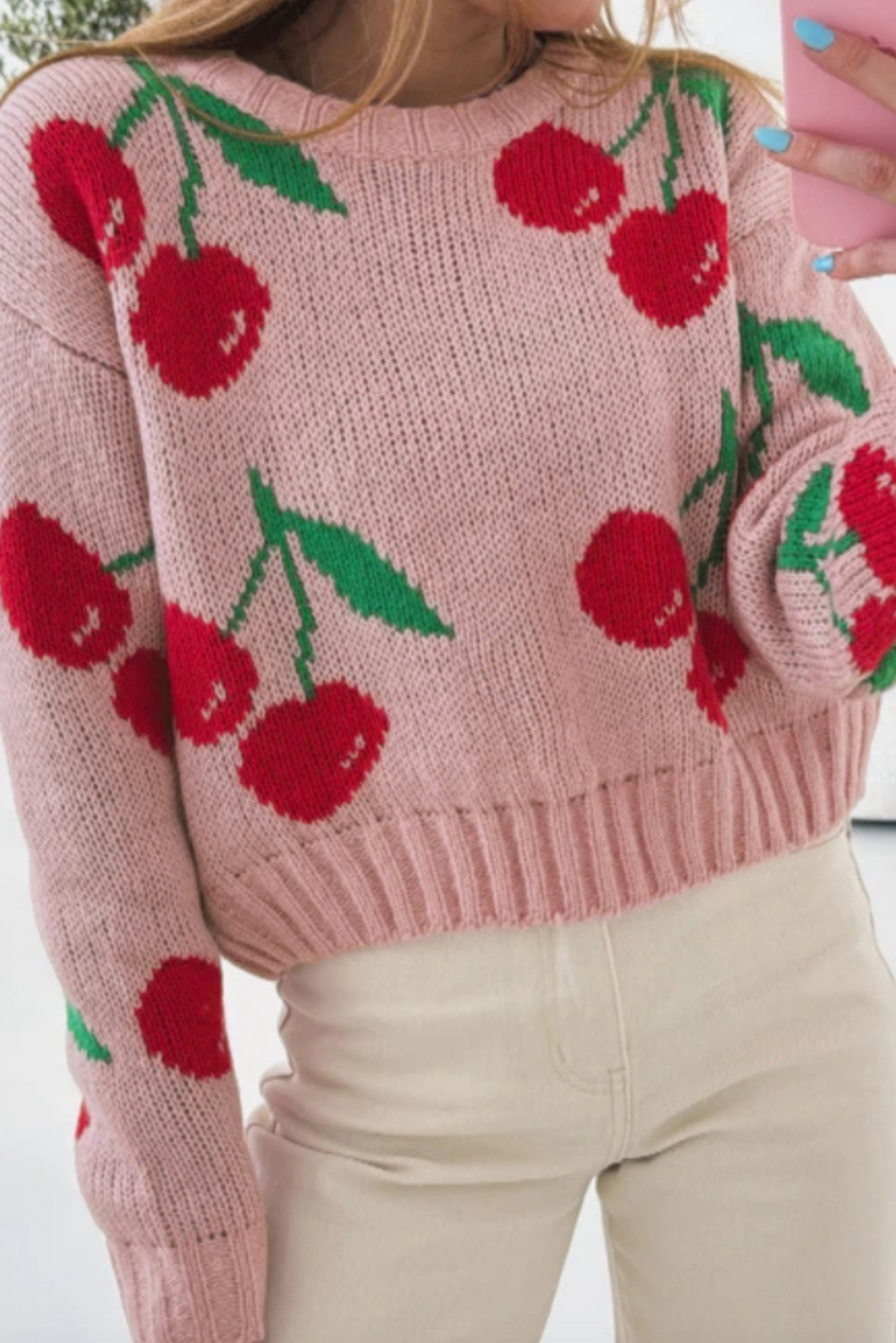 Pink Dainty Cherry Print Loose Cropped Sweater - loveforevers