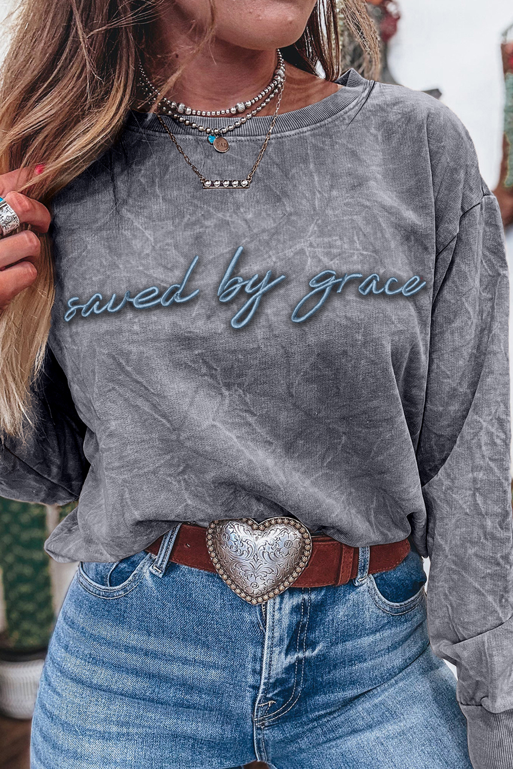 DUNE saved by grace Letter Embroidery Mineral Wash Loose Sweatshirt - loveforevers