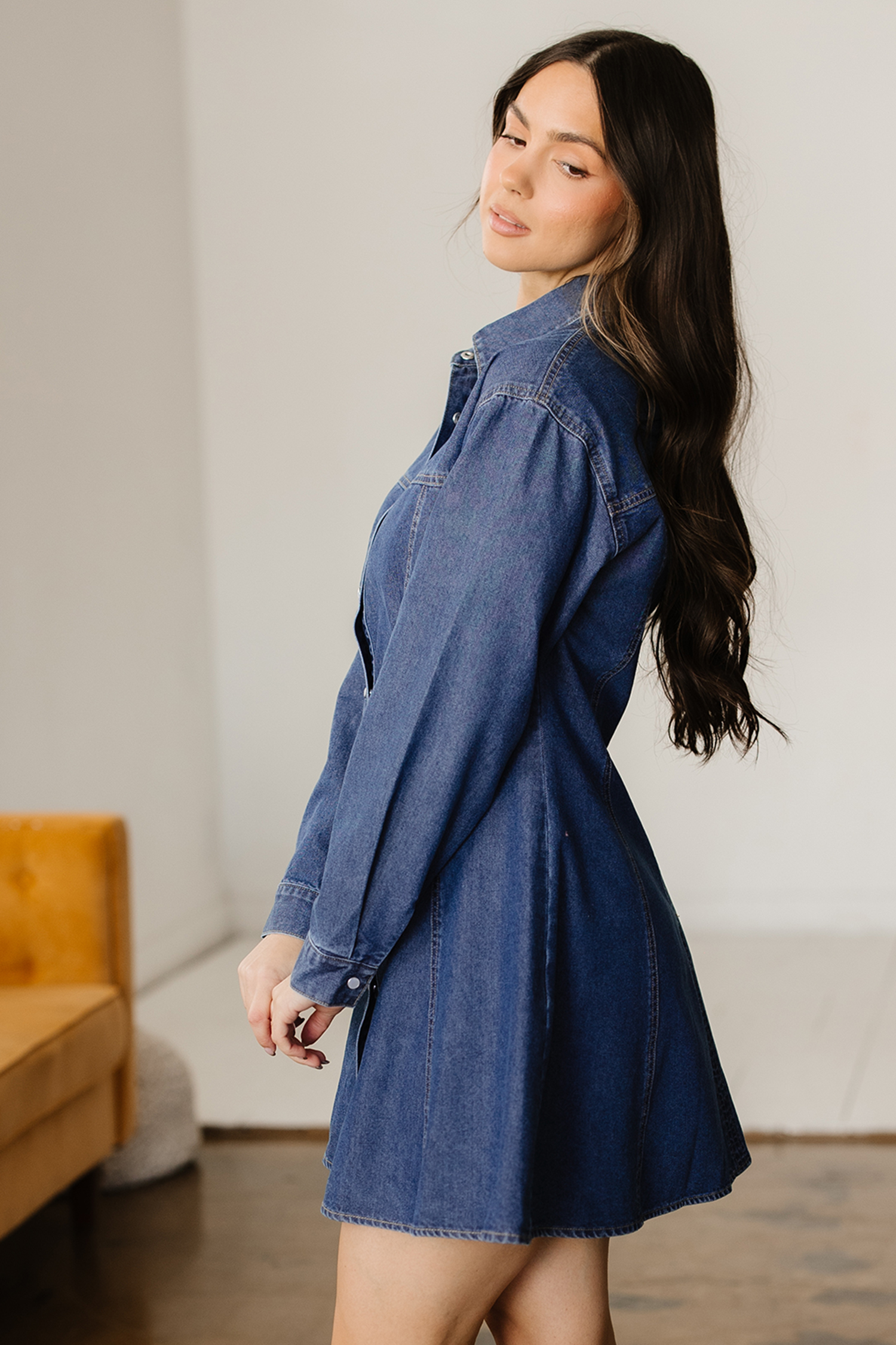 Ashleigh Blue Denim Shirt Collar Long Sleeve Flared Mini Dress - loveforevers