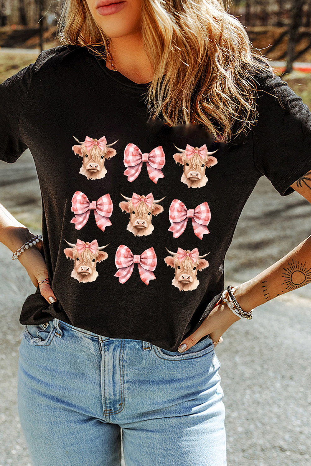 Black Cow with Bow Graphic Crewneck Western Tee - loveforevers