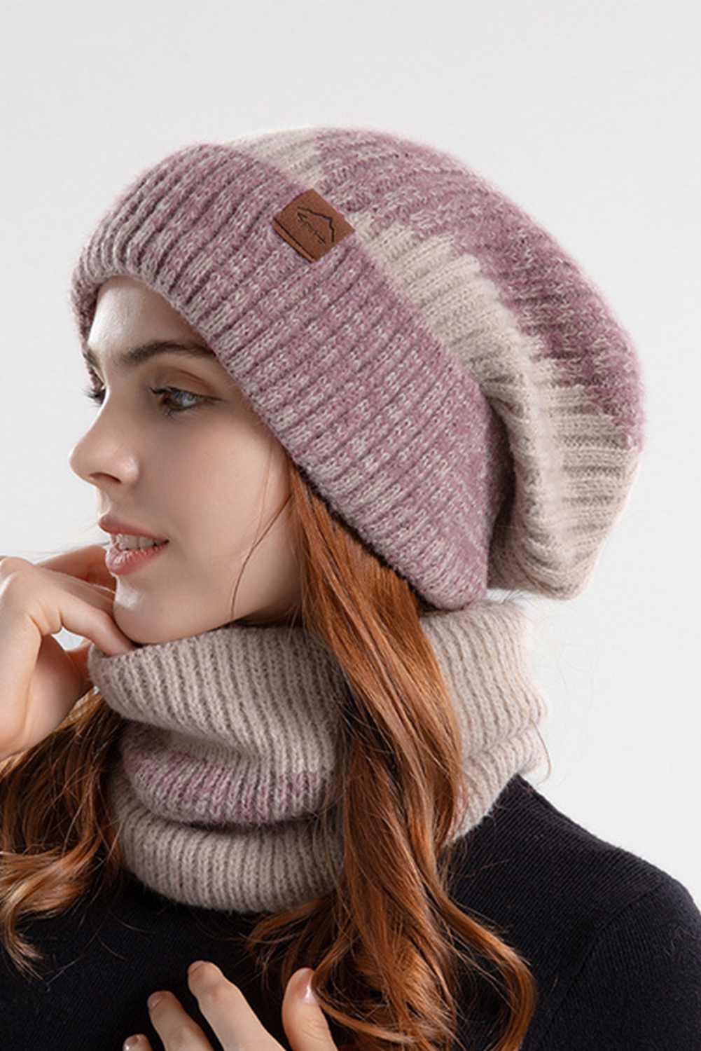 Peach Blossom Cozy Sherpa Liner Stylish Knitted Beanie and Scarf Set - loveforevers