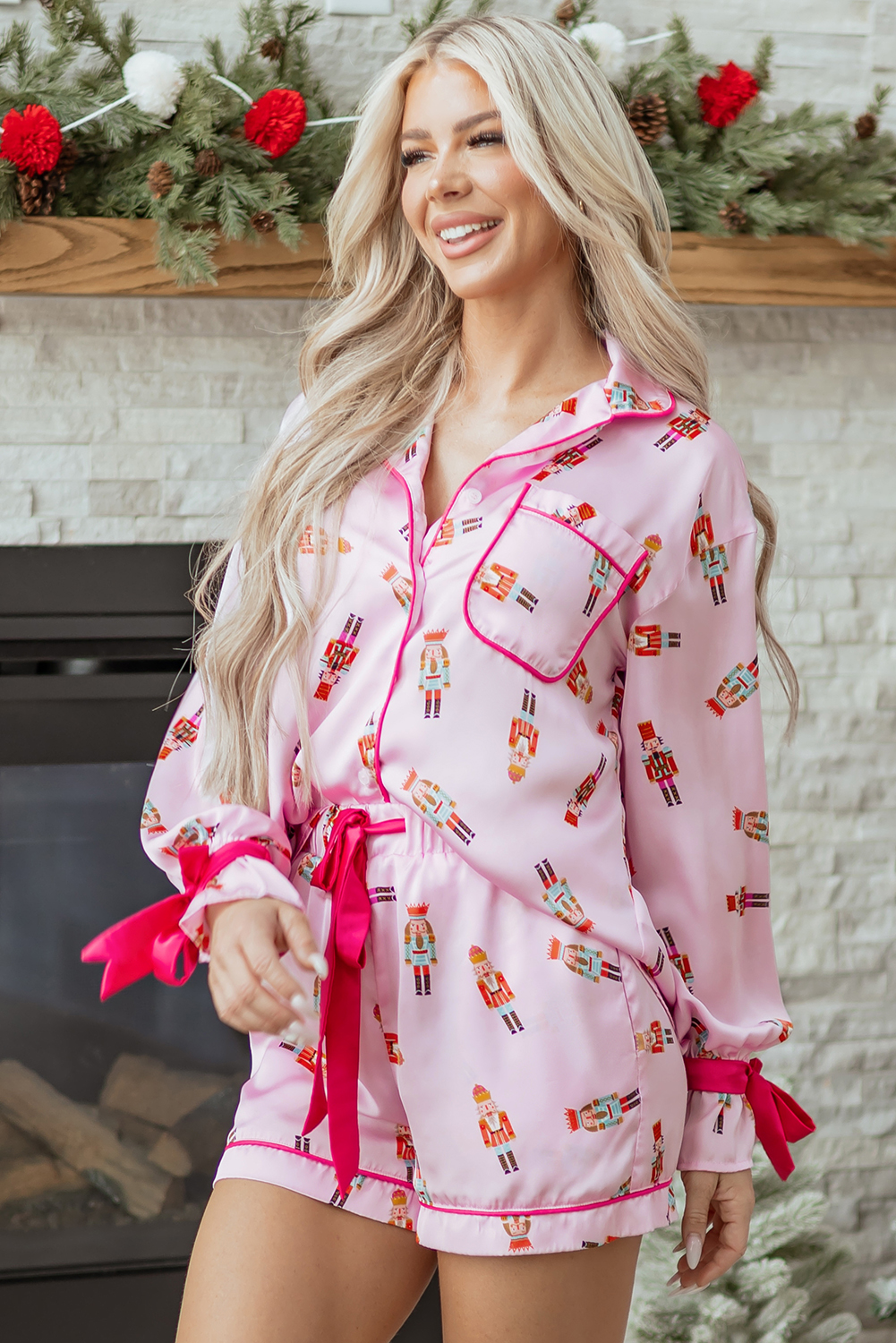 Pink Nutcracker Print Contrast Trim Tied up Bow Silky 2pcs Pajama Set - loveforevers