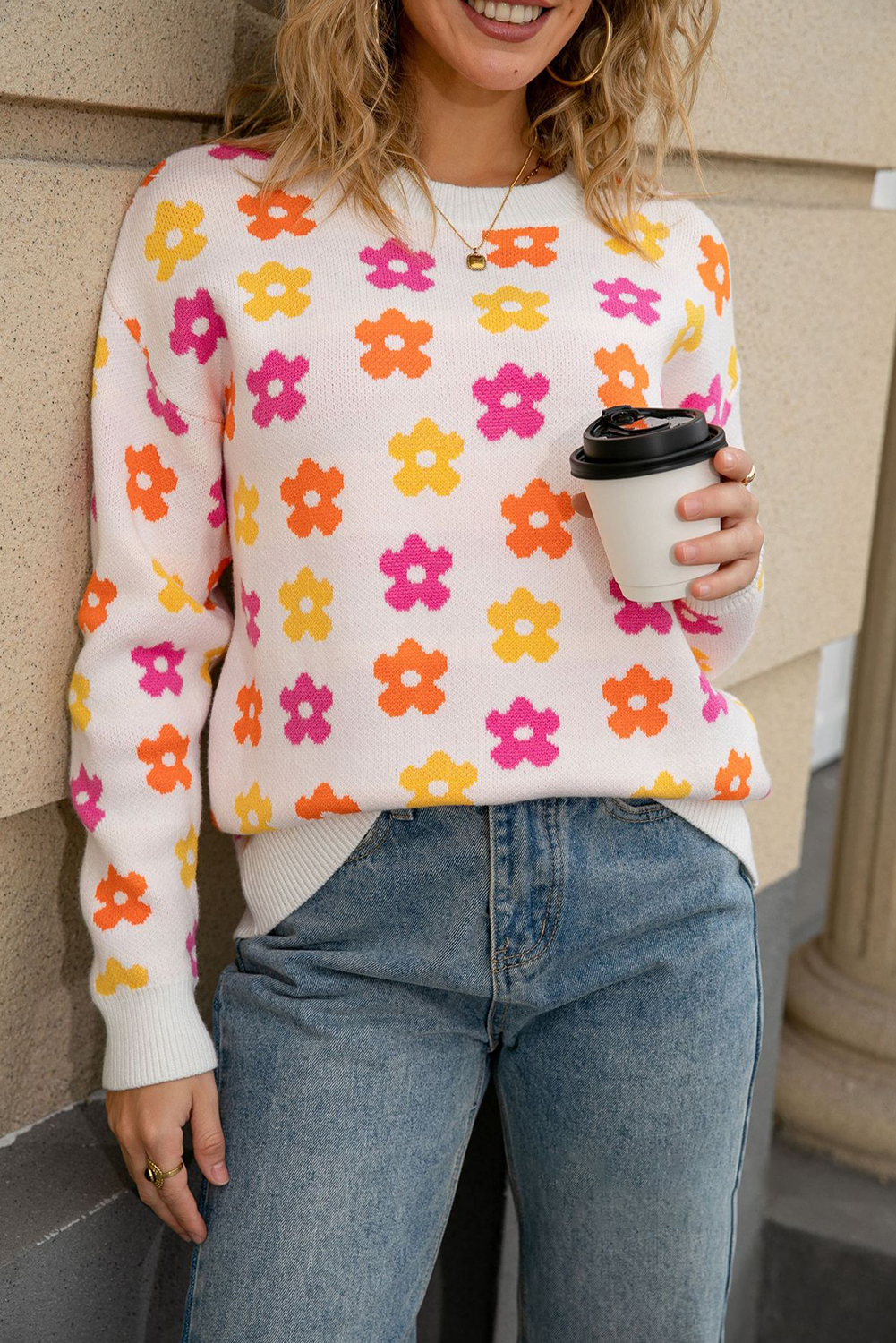 Apricot Cute Flower Allover Ribbed Trimmed Drop Shoulder Pullover Sweater - loveforevers